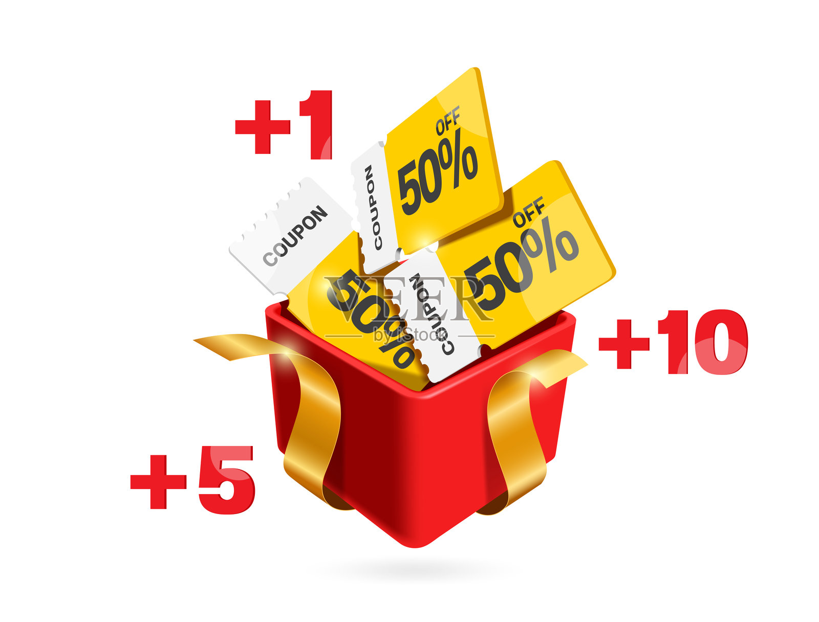50%折扣的黄色和白色促销横幅或优惠券标志，放置在红色礼品盒上，系有金色丝带蝴蝶结，适用于广告横幅设计，矢量3D图形，独立于白色背景，用于广告。插画图片素材