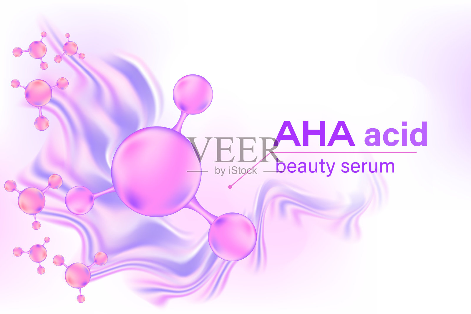 浅粉色、紫色的AHA酸美容分子背景，美学生物分子原子结构海报，液体精华配方。化妆品产品背景，留有空白。护肤治疗横幅。插画图片素材