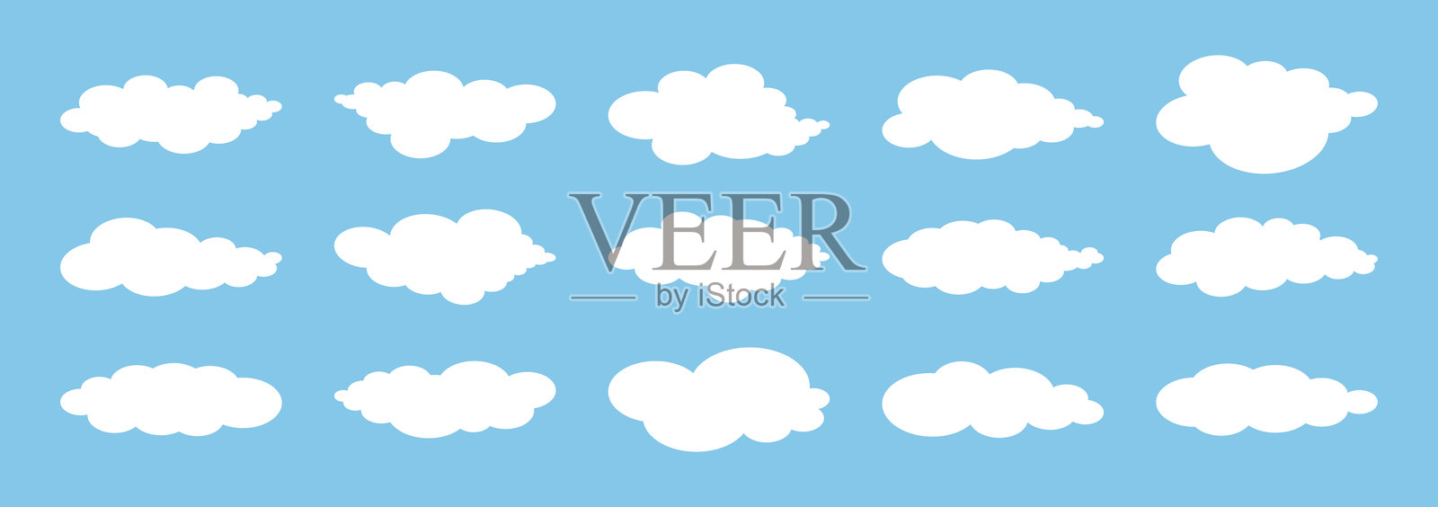 简单风格的云朵集合。蓝天中蓬松的白色抽象云朵元素。适用于海报、横幅和卡片的蓬松天气插图。空白文本边框。插画图片素材