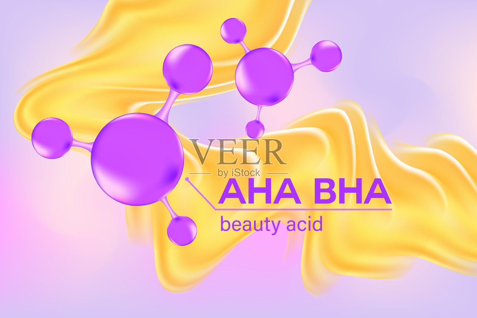 浅粉色和紫色的AHA酸美容分子背景，美学生物分子原子结构海报，液体精华配方。化妆品产品背景，留有空白。护肤治疗横幅。插画图片素材
