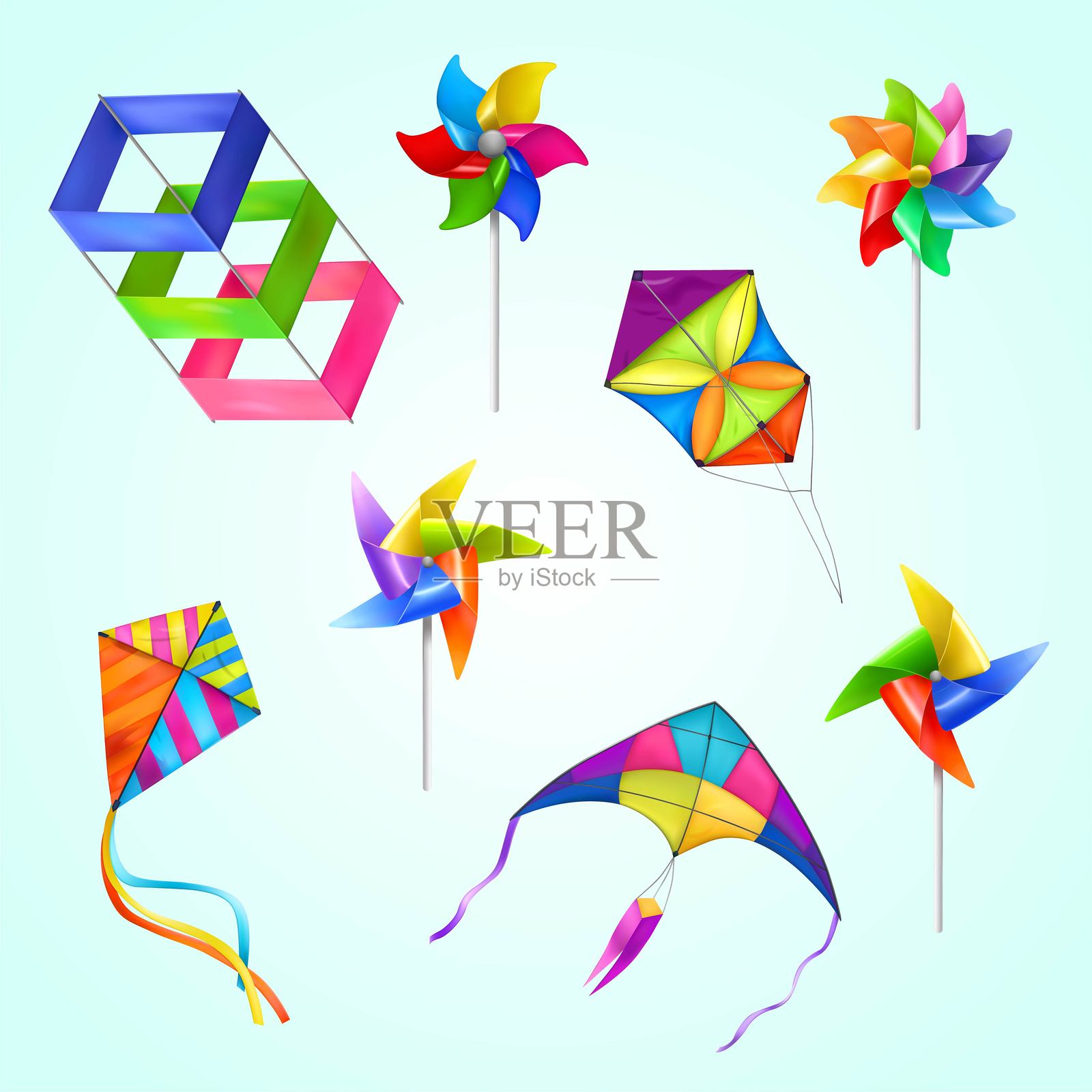 孤立且真实的风筝风车玩具图标集，包含不同尺寸的玩具在天空中飞翔的矢量插图插画图片素材