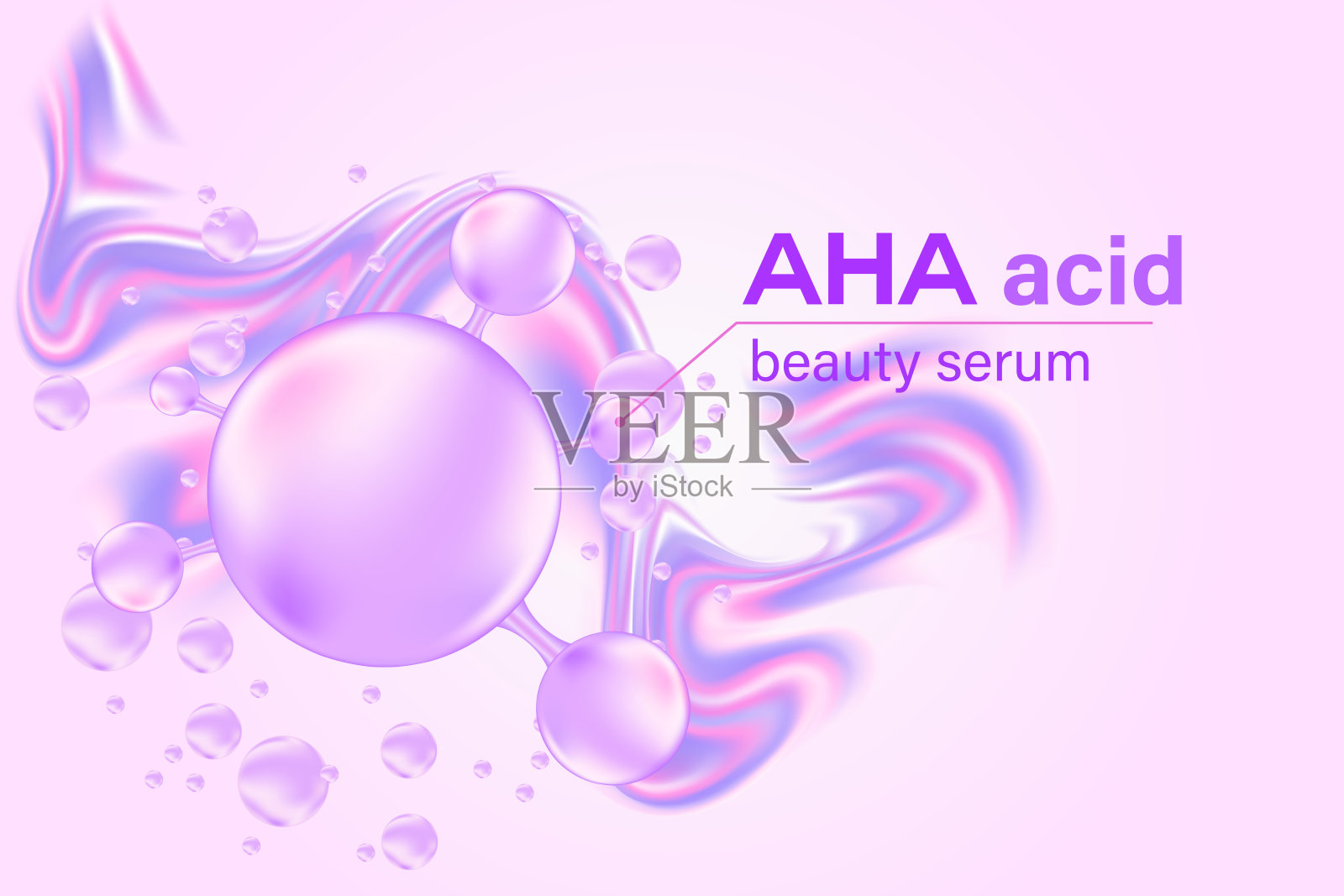 浅粉色、紫色的AHA酸美容分子背景，美学生物分子原子结构海报，液体精华配方。化妆品产品背景，留白空间。护肤治疗横幅。插画图片素材