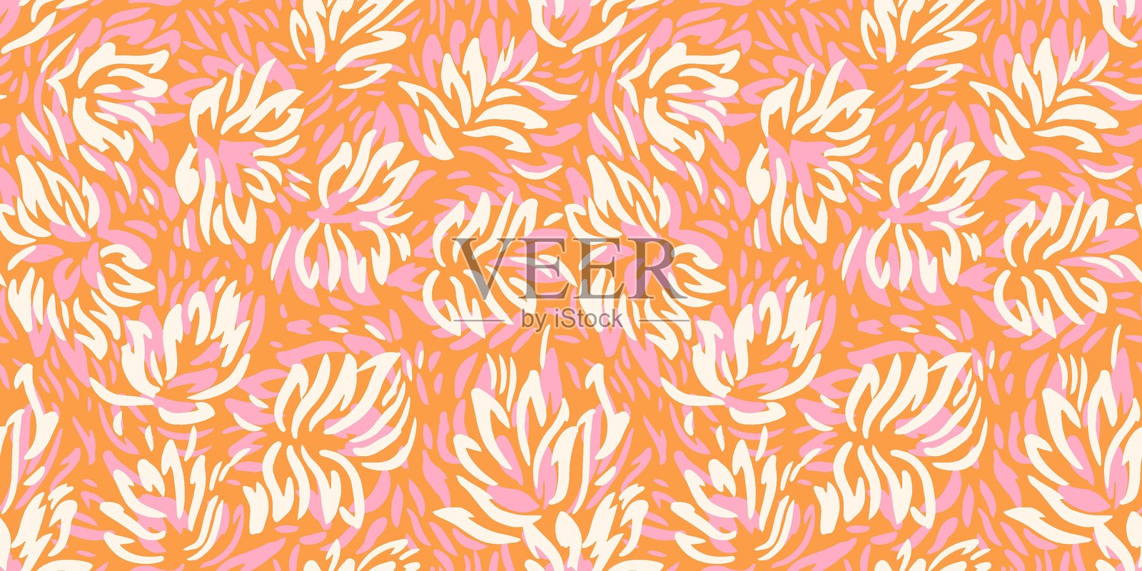无缝图案，展现丰富橙色调的动态抽象花卉形状。非常适合印刷设计纺织品、包装纸、墙纸和现代装饰项目。插画图片素材