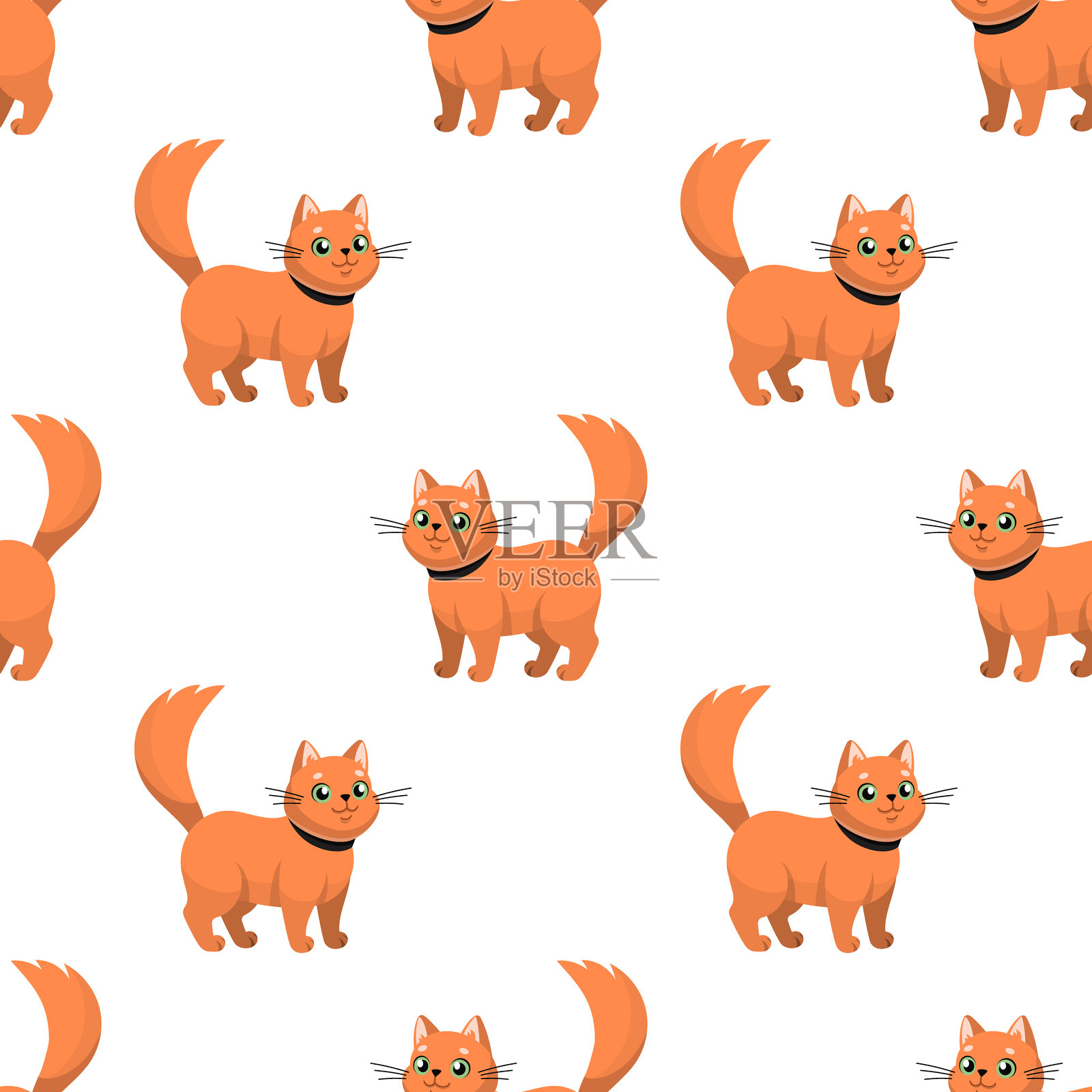 红色猫咪无缝图案。卡通插图。戴着项圈的快乐小猫。矢量插图。插画图片素材