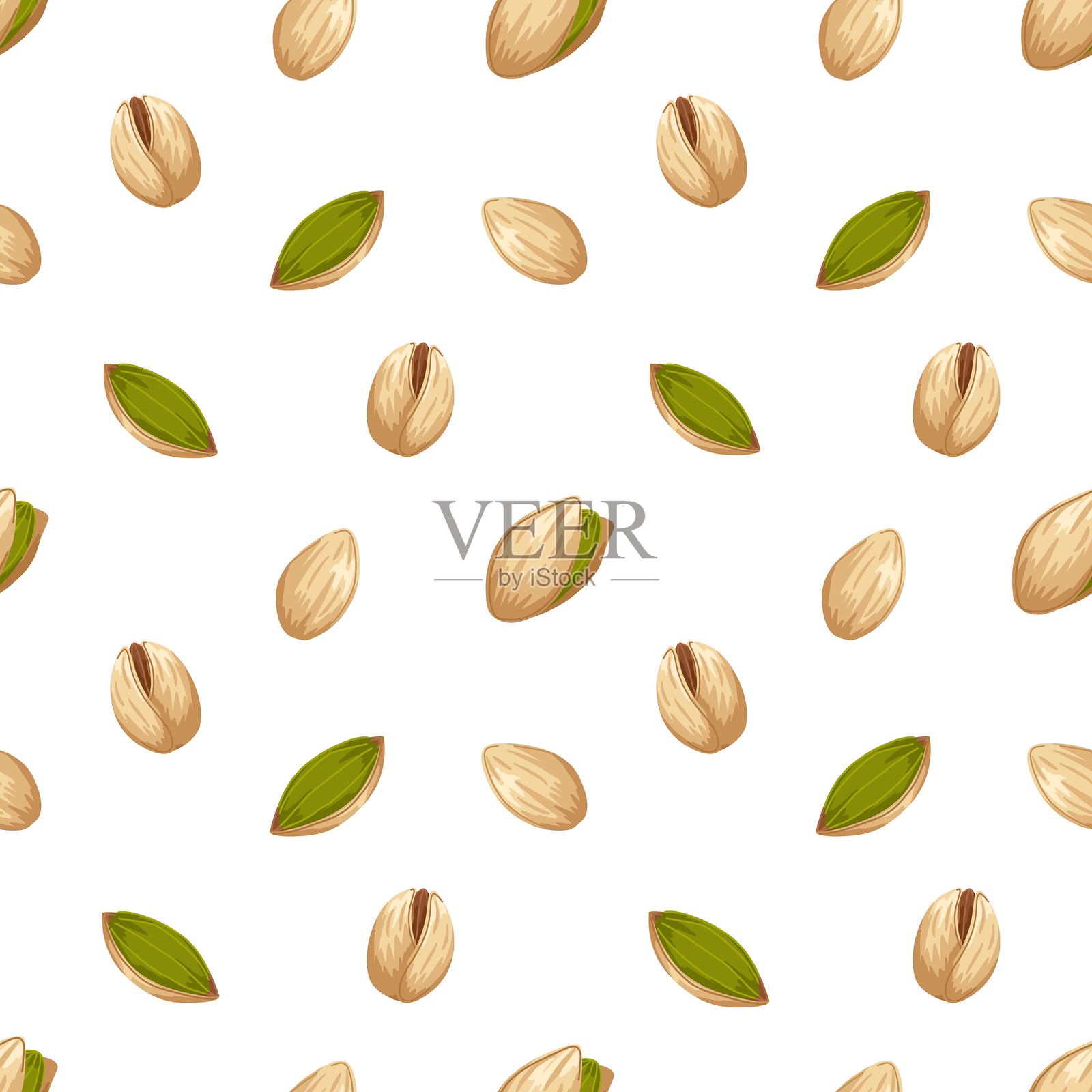 开心果图案，包含不同形状的坚果。矢量卡通手绘无缝图案。食品插图适用于包装、裹料、纺织设计、厨房装饰和产品视觉。插画图片素材