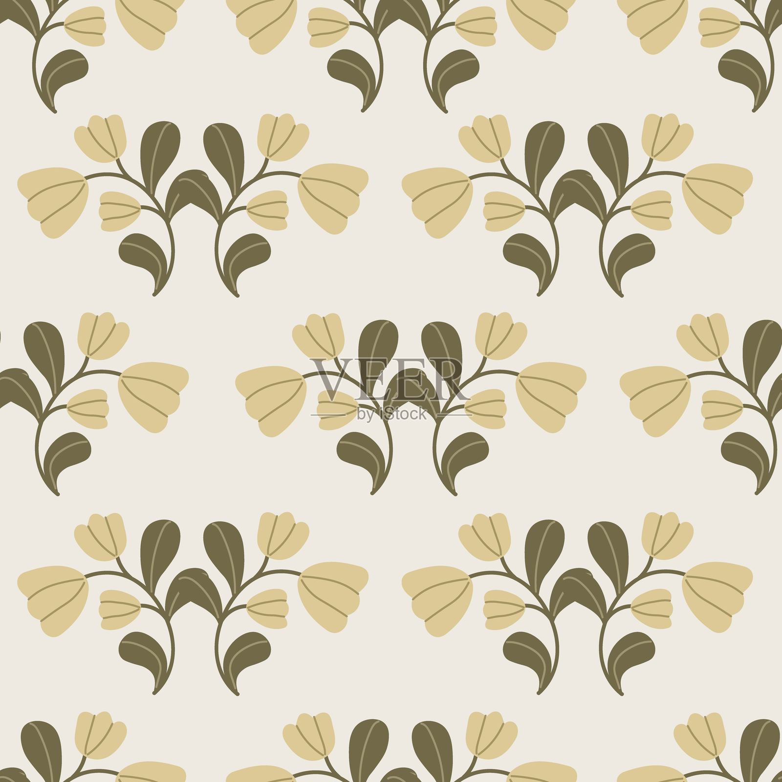 无缝植物图案，特色化的花枝和叶子，背景为奶油色。优雅简约的设计，展现自然的复古风格。柔和的色调和有机感。插画图片素材
