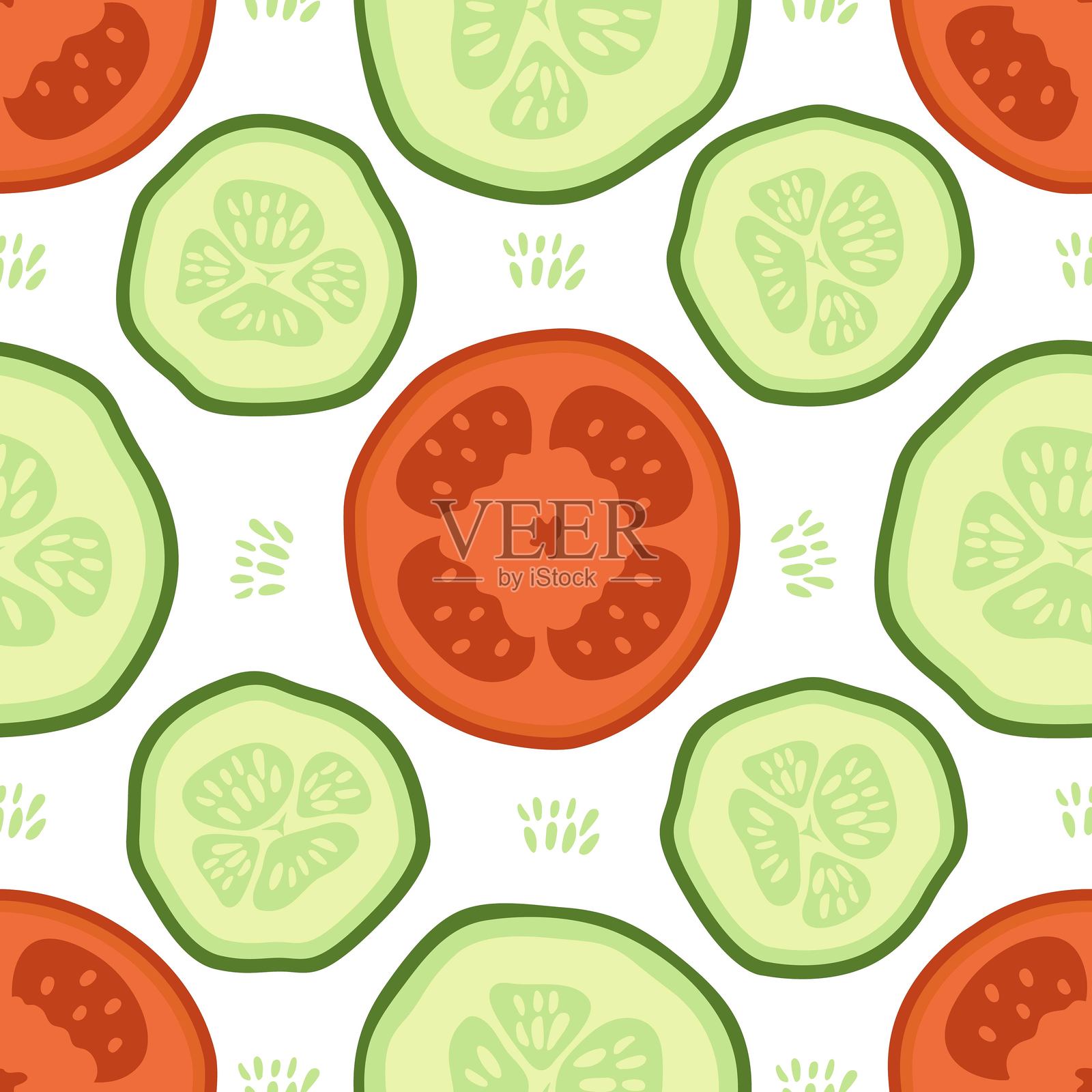 无缝夏季图案，包含黄瓜和西红柿切片。白色背景上的蔬菜片印刷。矢量手绘插图。插画图片素材