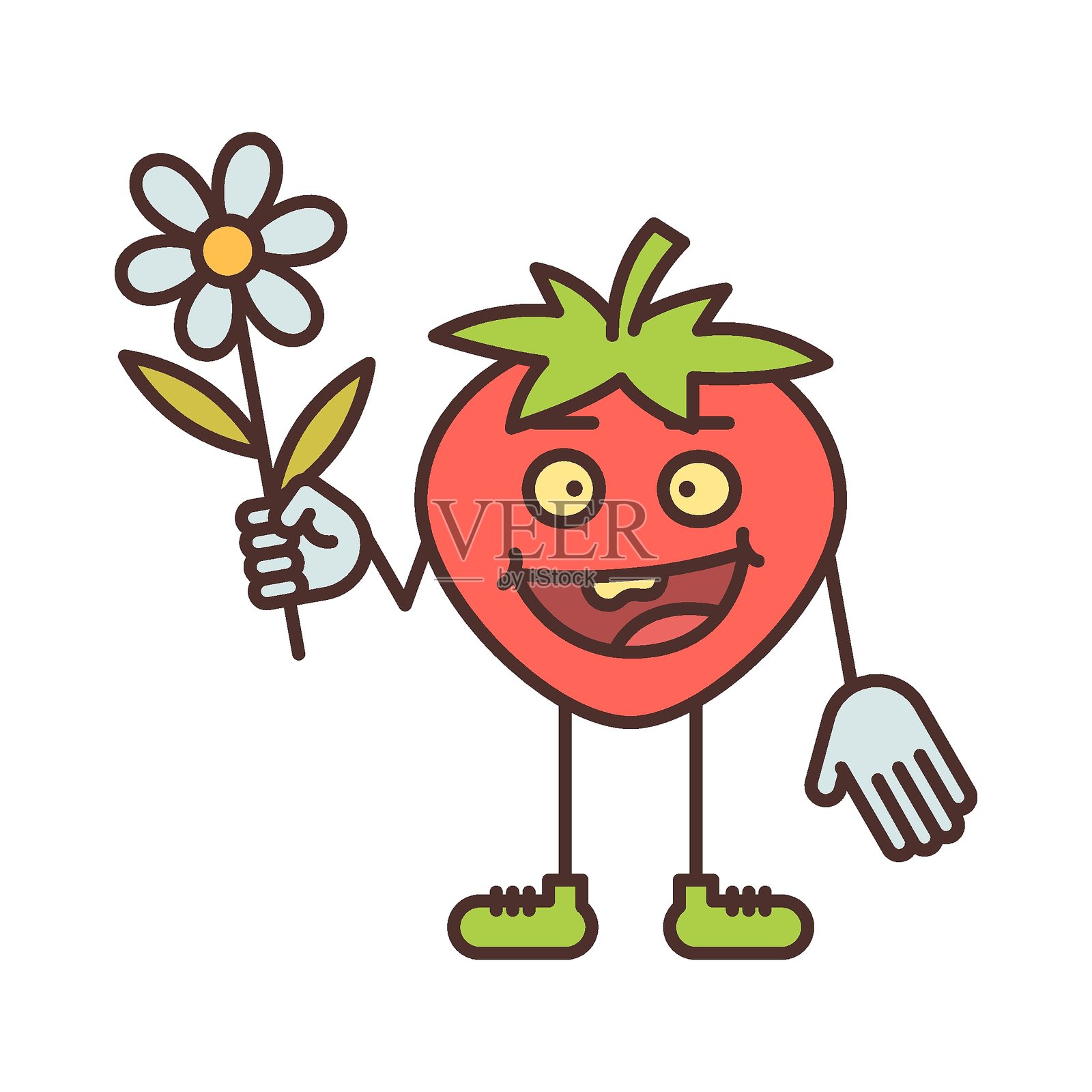 微笑着拿着花的草莓角色插画图片素材