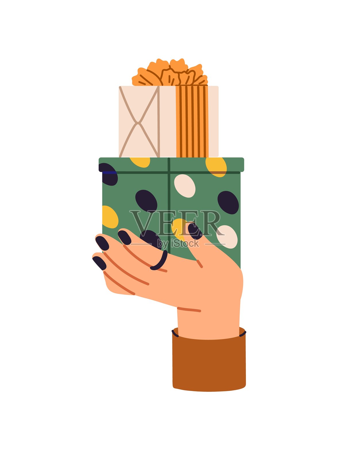 人们手中拿着、赠送和接收小礼物，充满惊喜。手中握着用包装纸和丝带装饰的礼物。祝贺，生日问候。平面孤立的矢量插图，背景为白色。插画图片素材