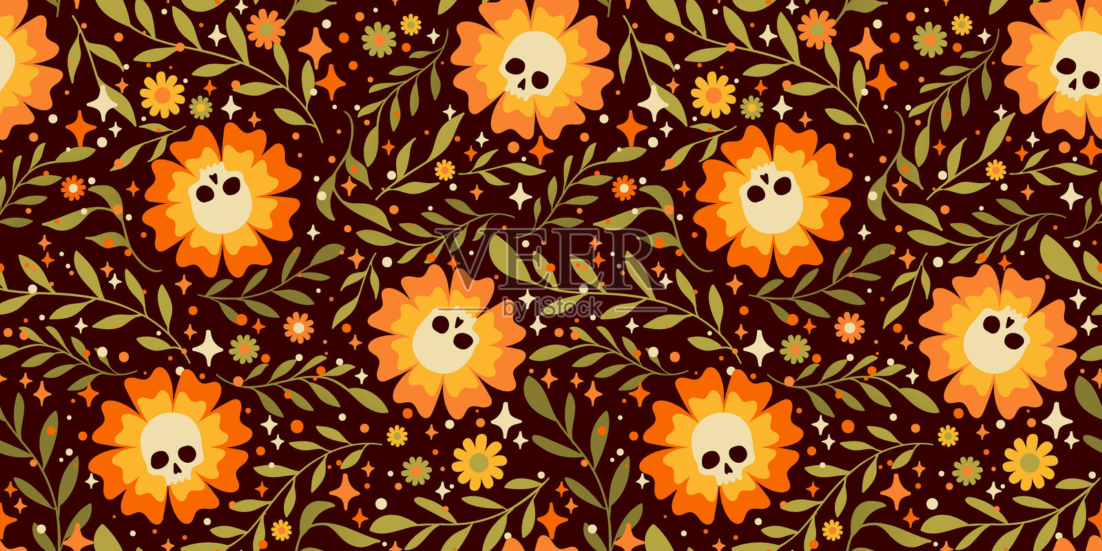 哥特式万圣节花卉无缝图案插画图片素材
