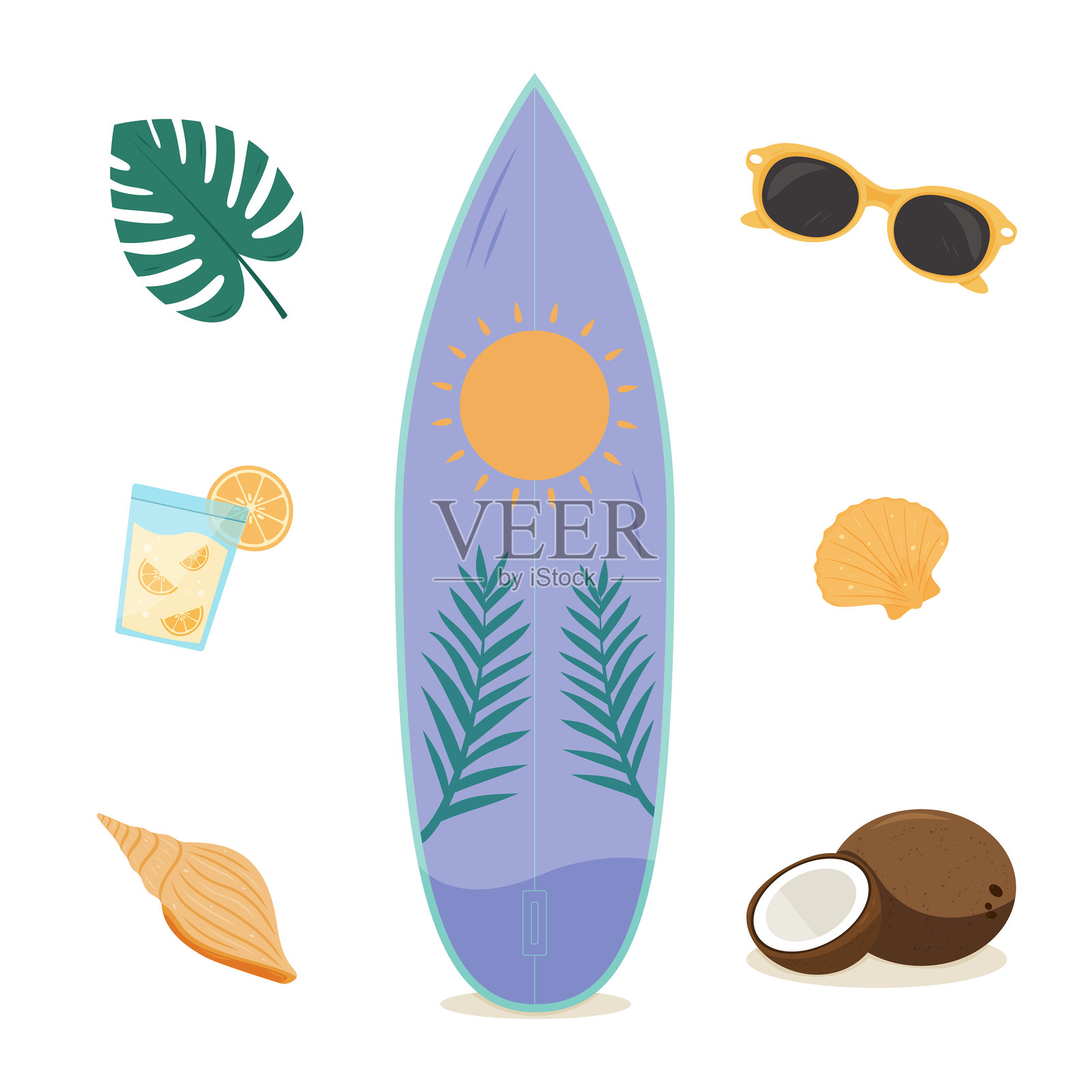 五彩斑斓的冲浪板与海滩元素相伴。热带夏季套装插画图片素材