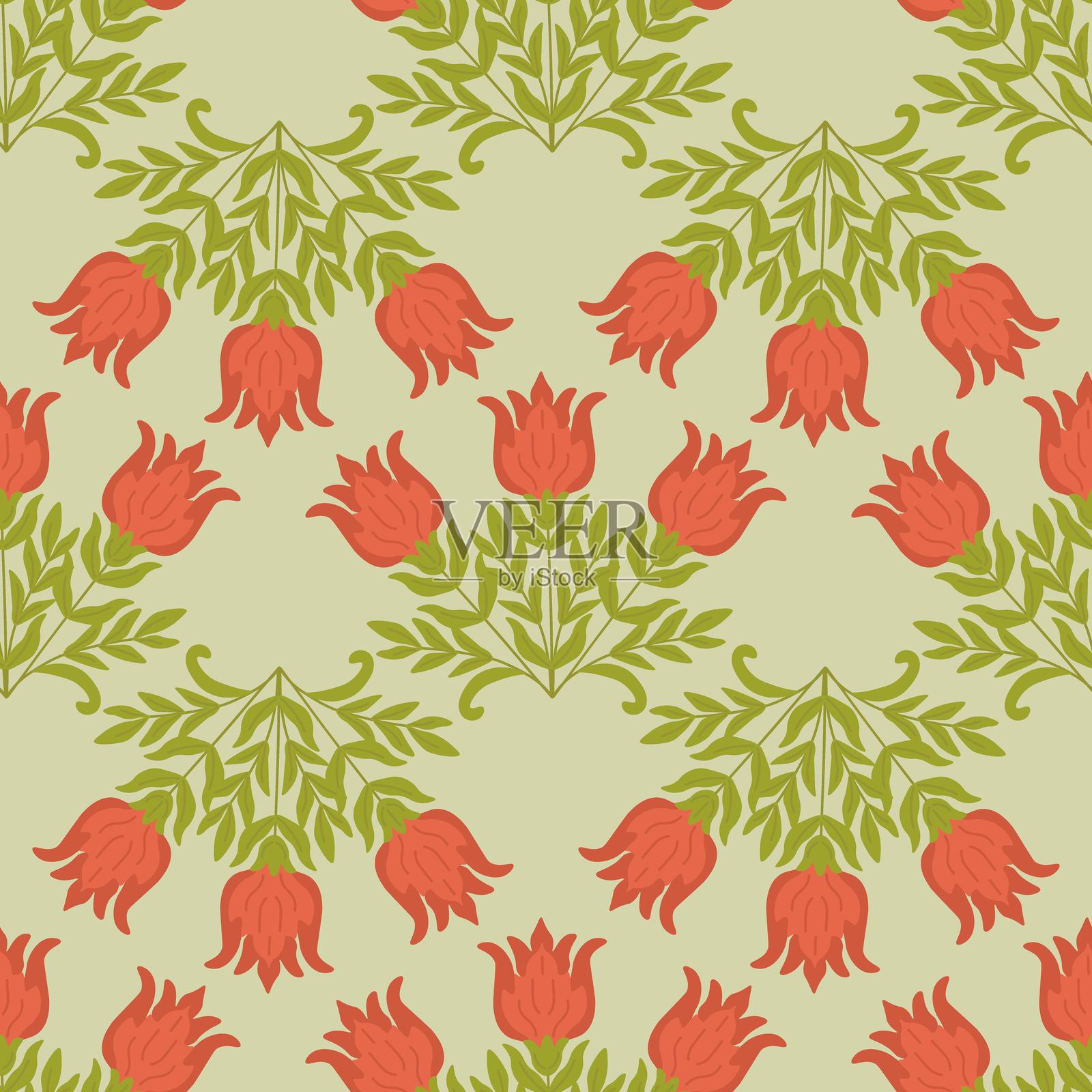 无缝花卉图案，特色为风格化的红色郁金香花和绿色叶子，背景为浅色。非常适合复古和装饰用途。插画图片素材