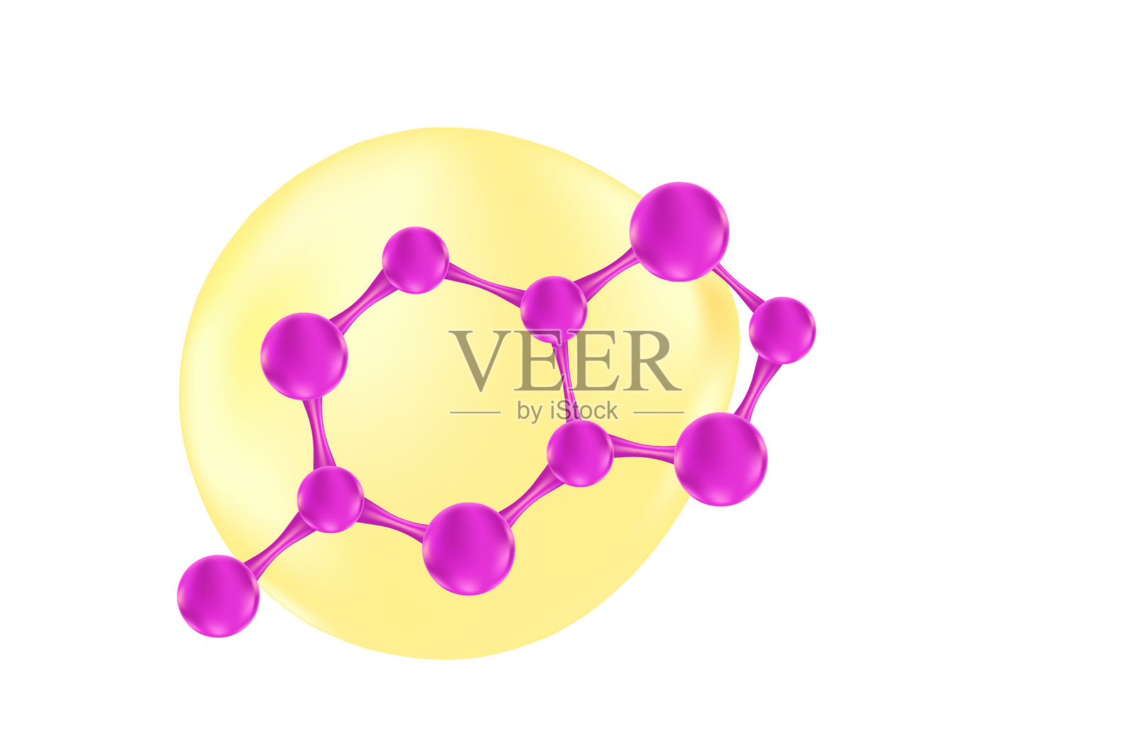 抽象的紫色分子图标，背景透明。非常适合化妆品成分插图，圆形排列，液体美容产品配方。插画图片素材