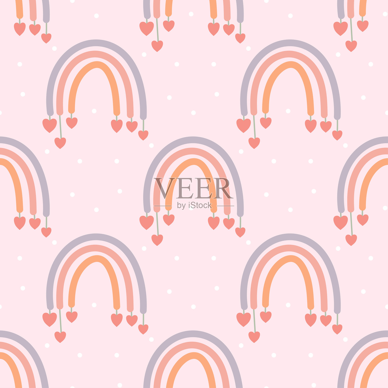 无缝图案，包含彩虹和悬挂的心形图案插画图片素材