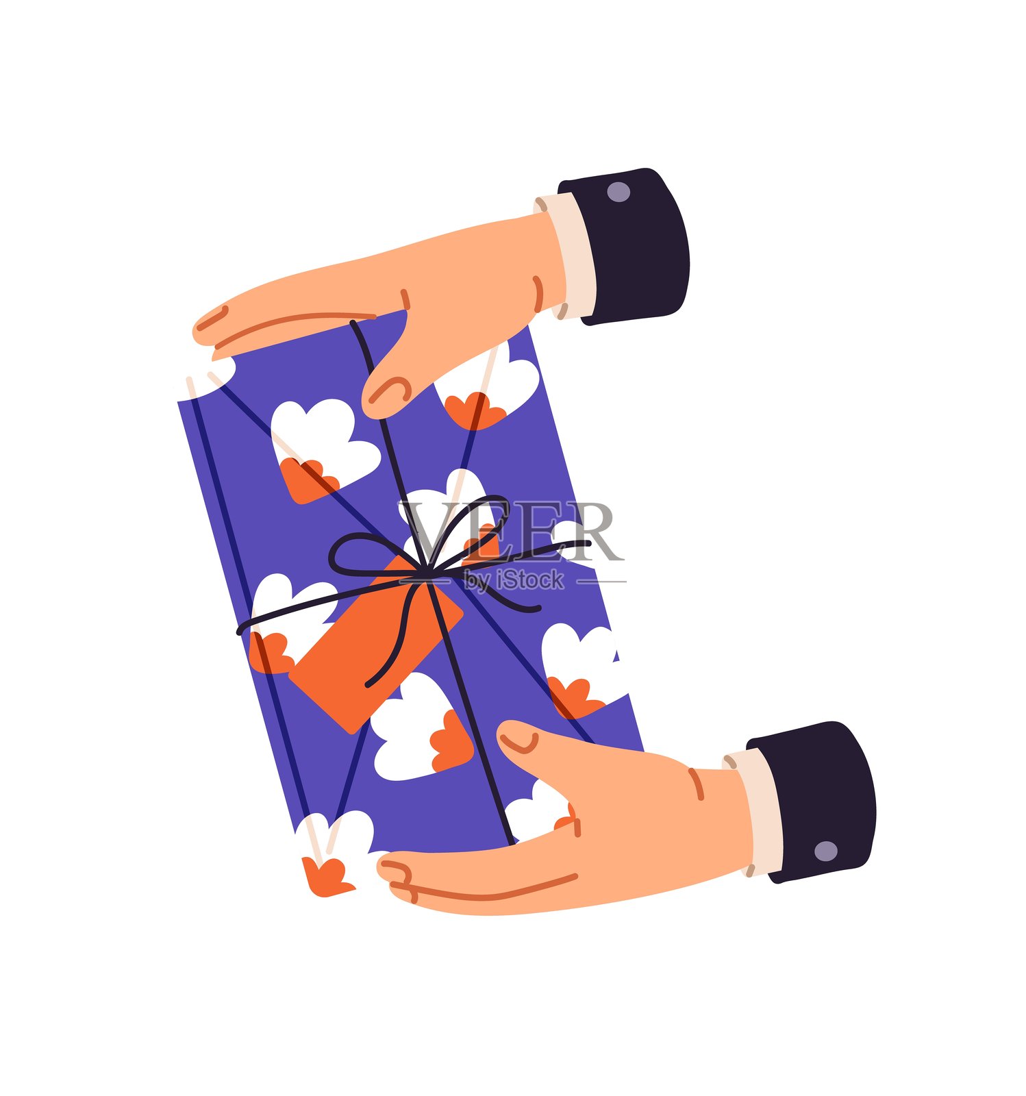 一个人手持礼物，递出一个系着蝴蝶结的包装礼盒。角色进行交换，惊喜地打开包装纸，祝贺生日快乐。平面孤立的矢量插图在白色背景上。插画图片素材