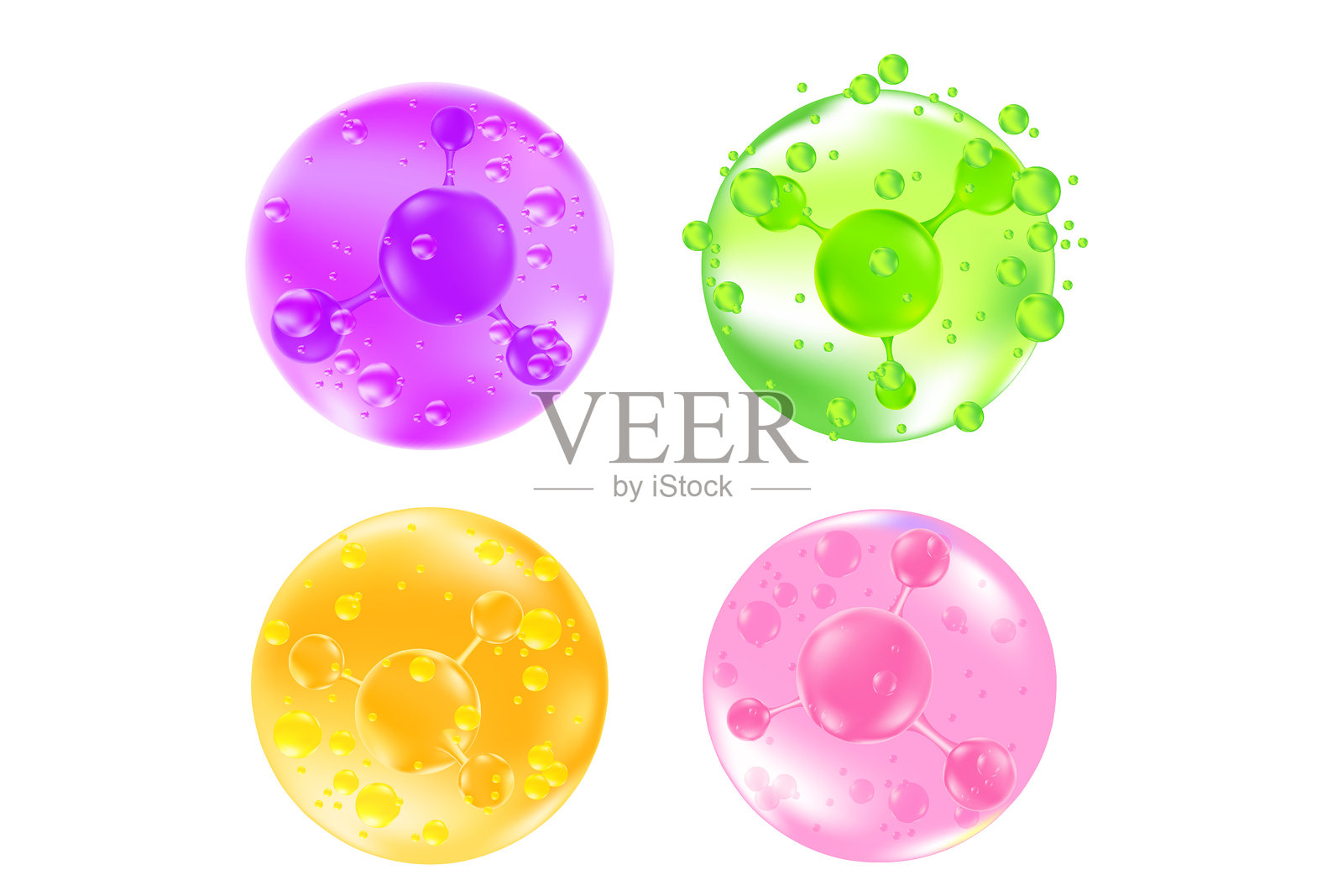 可爱的美容清晰分子图标集，烟酰胺、神经酰胺、透明质酸、胶原蛋白，矢量化妆品成分独立元素。美容精华护肤水凝胶，保湿抗衰老面霜。插画图片素材