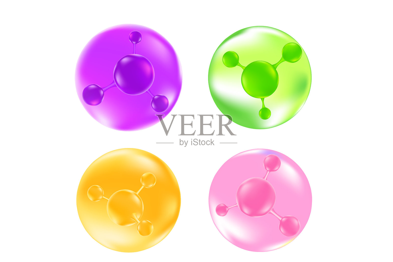 可爱的化妆分子图标集，烟酰胺、神经酰胺、透明质酸、胶原蛋白，矢量化妆成分独立元素。美容精华护肤水凝胶，保湿抗衰老面霜。插画图片素材