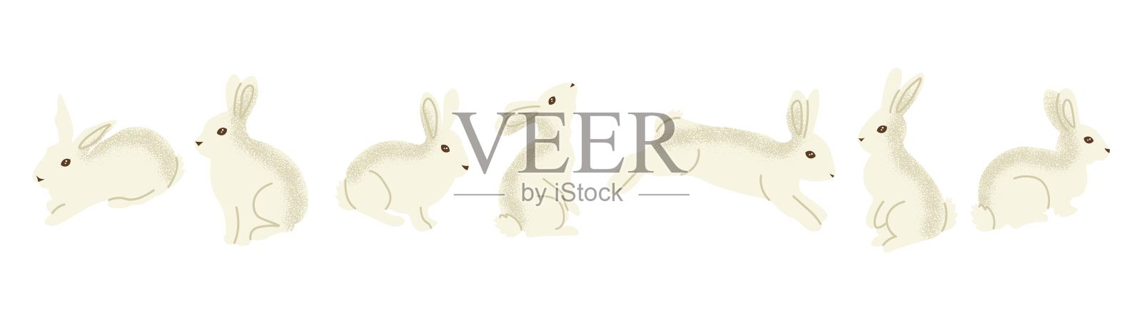 一组可爱的白兔以不同姿势展示，包括坐着、跳跃和蹲伏。兔子剪贴画非常适合复活节设计、春季主题、婴儿房印刷品、卡片和贴纸。插画图片素材