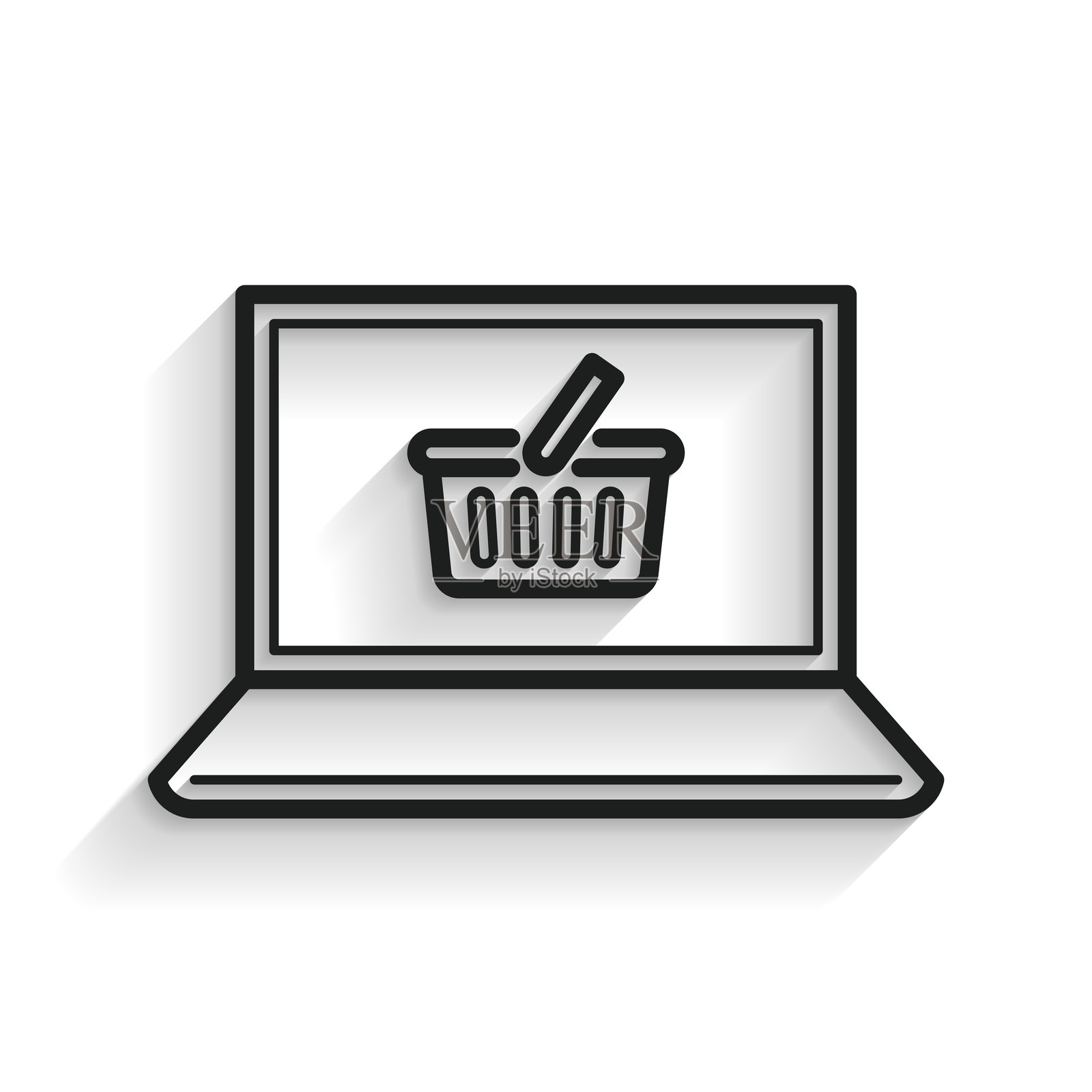 带购物篮的笔记本电脑。白色背景上的长阴影线条图标插画图片素材