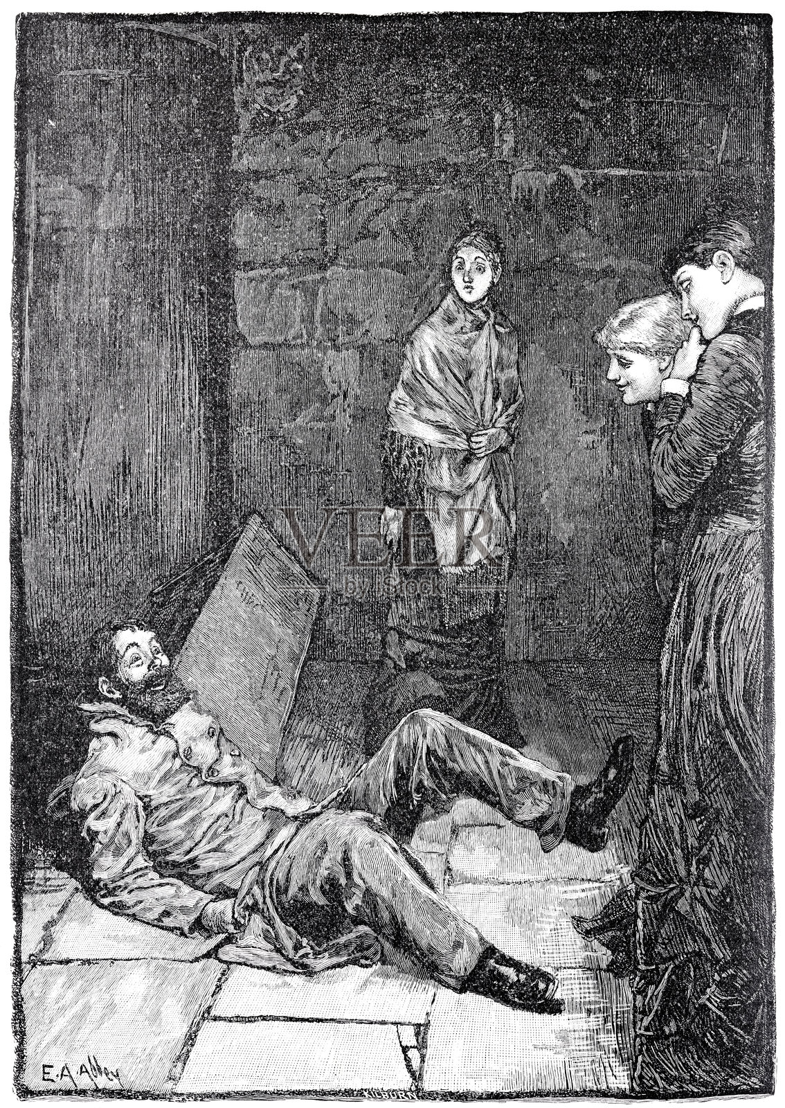 一名男子连同他的长椅翻倒，周围三位女性对此表示赞赏。插画图片素材