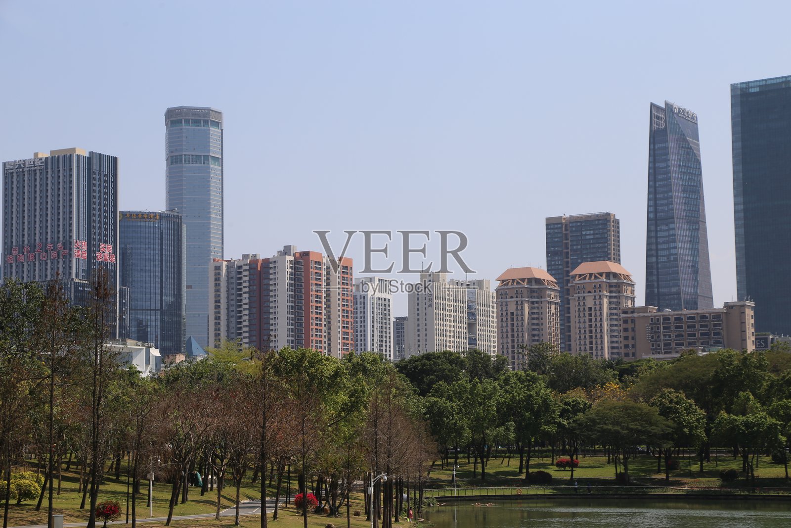 公园里，一侧是深圳的城市天际线，高楼大厦和现代建筑林立。照片摄影图片
