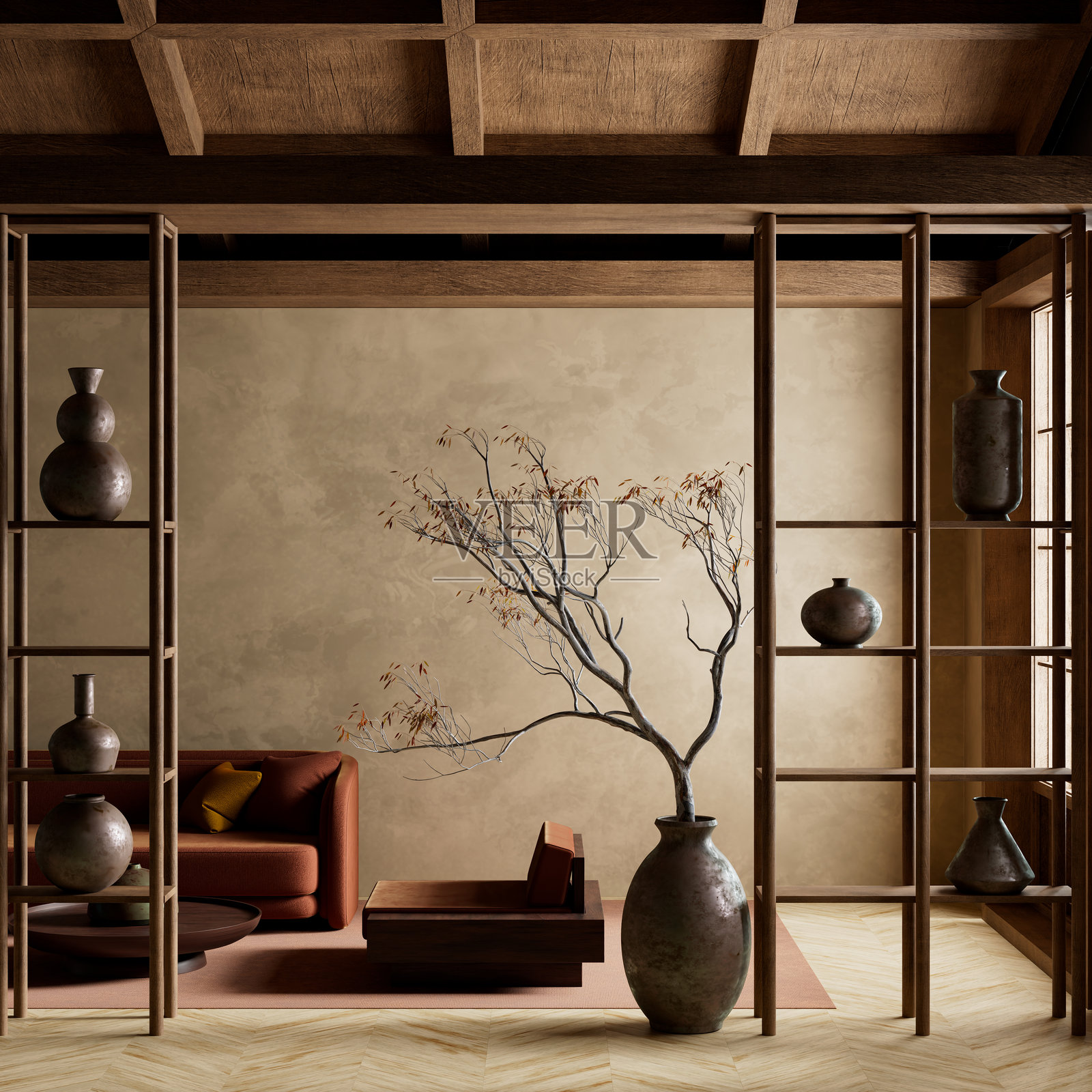 现代客厅中日本极简主义与自然优雅的宁静融合。3D插图照片摄影图片