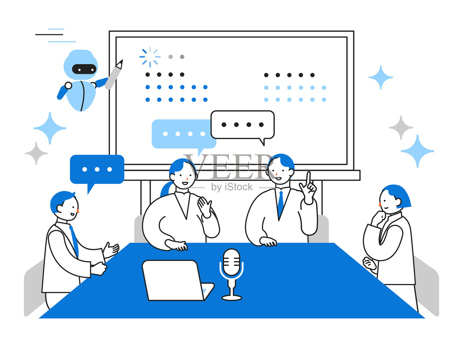 概念：问题解决。使用人工智能的人物卡通角色头像，包括面部侧影、头像和图标。人工智能自动生成的会议记录的特写插图。插画图片素材