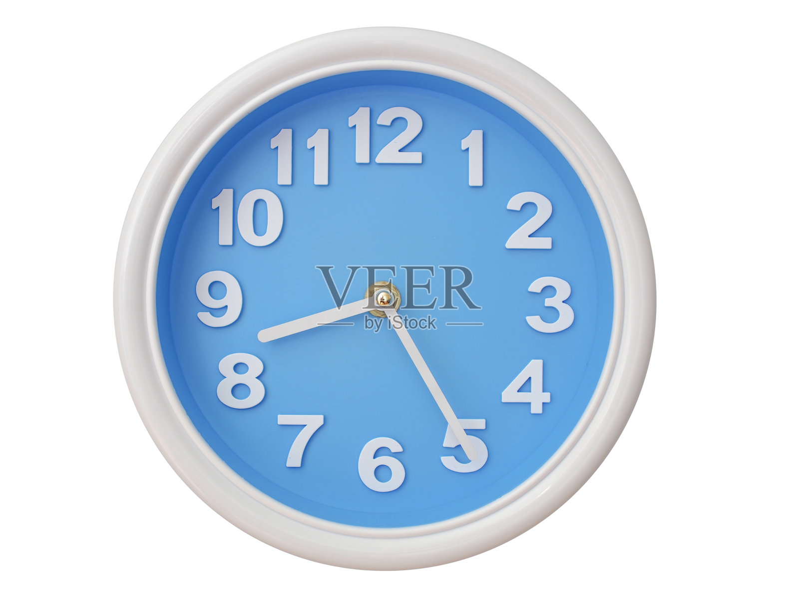 蓝色表盘和白色框架的挂钟，显示时间为08:25或20:25。象征时间和截止日期。照片摄影图片