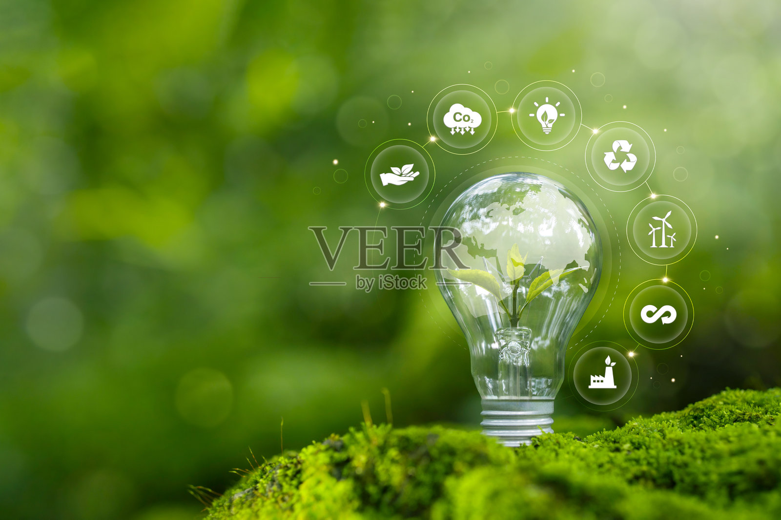 可持续环境概念。ESG，绿色能源。碳排放低中性，净零，可再生能源，绿色商业，气候中性长期战略，背景为绿色。照片摄影图片