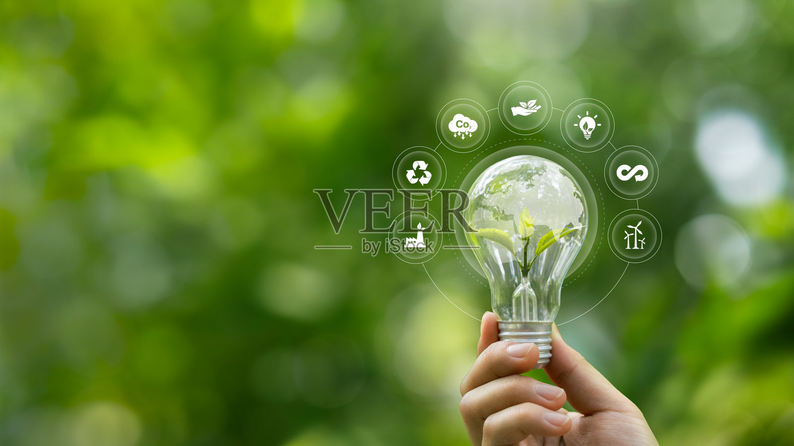 可持续环境概念。ESG，绿色能源。碳排放低中性，净零，可再生能源，绿色商业，气候中性长期战略，背景为绿色。照片摄影图片