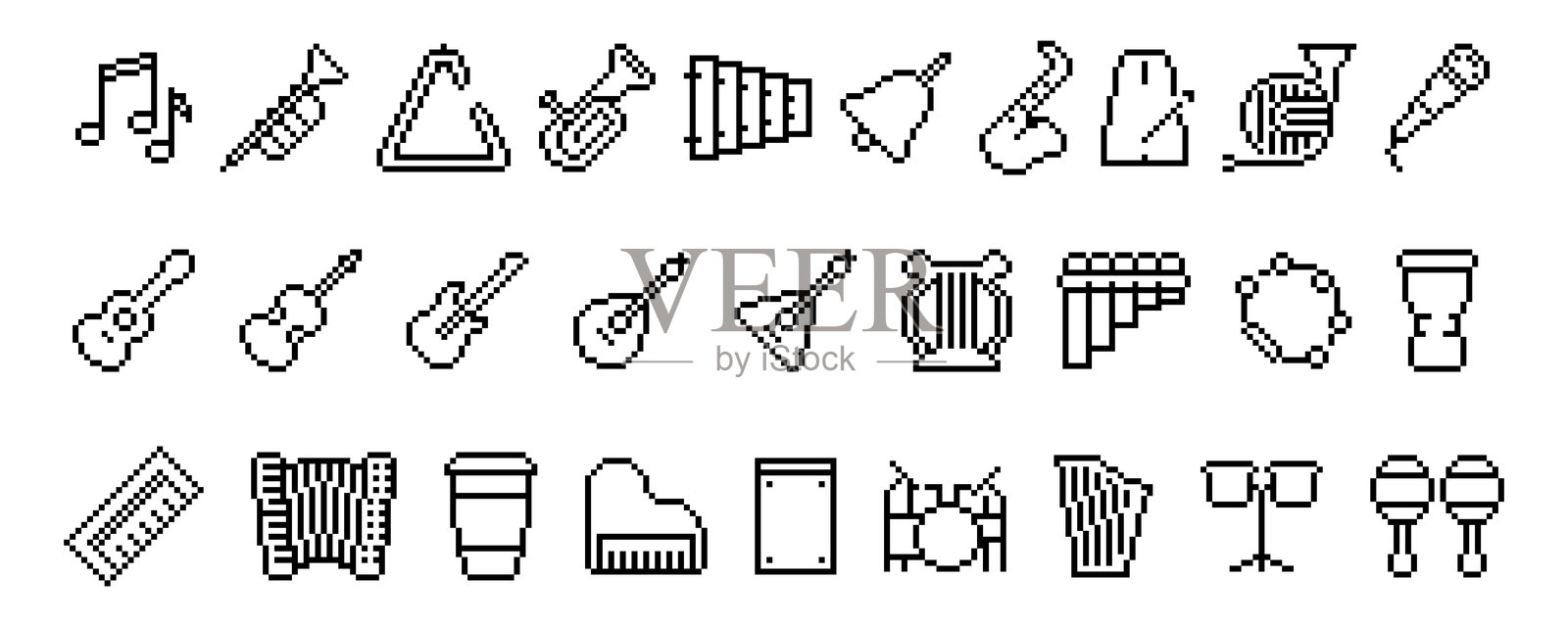 一套像素图标。轮廓音乐图标，包括吉他、鼓、萨克斯ophone、钢琴、麦克风、手风琴、长笛、小号、铃鼓、竖琴和马拉卡斯。插画图片素材