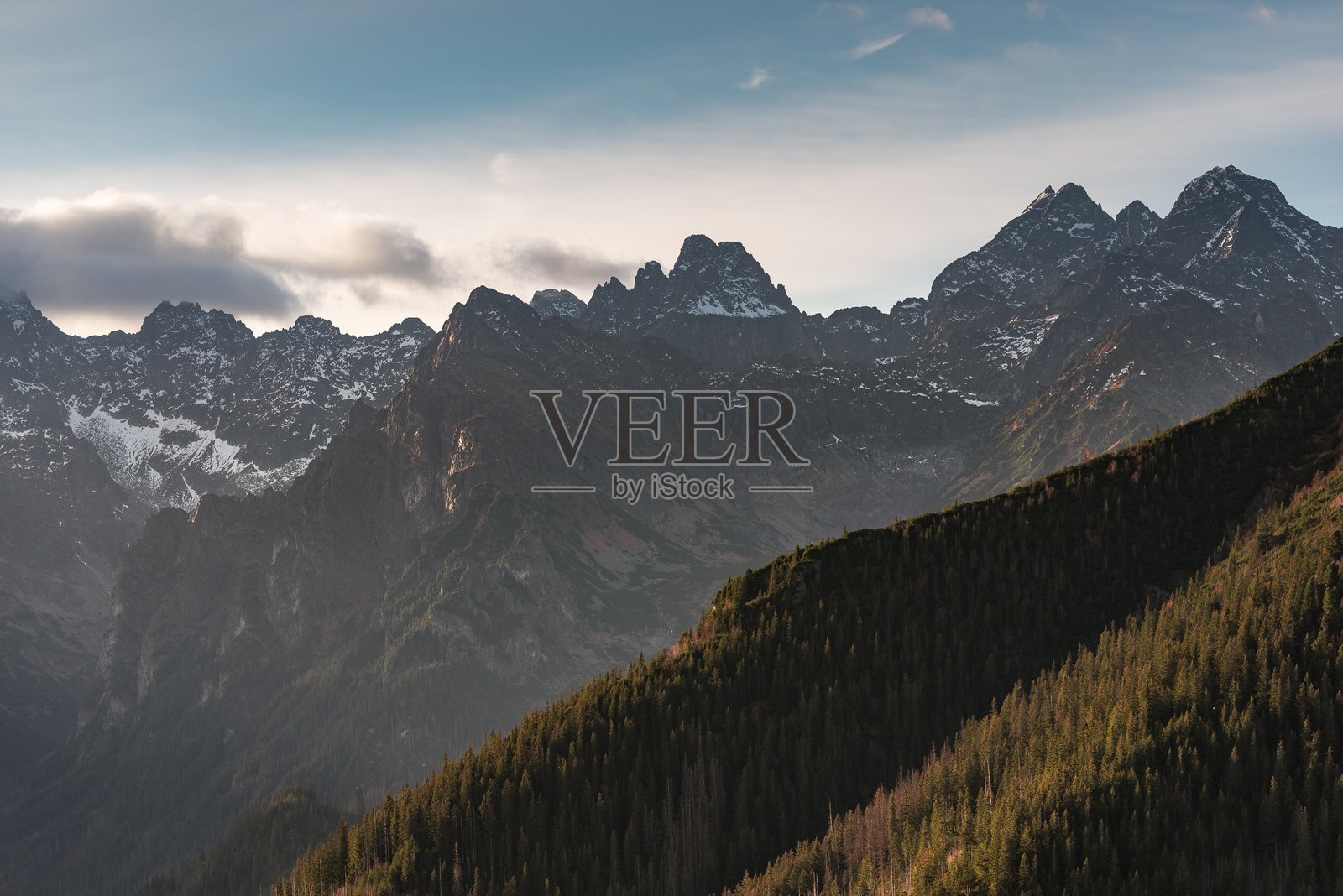 高山、尖峰、美丽的山景。照片摄影图片