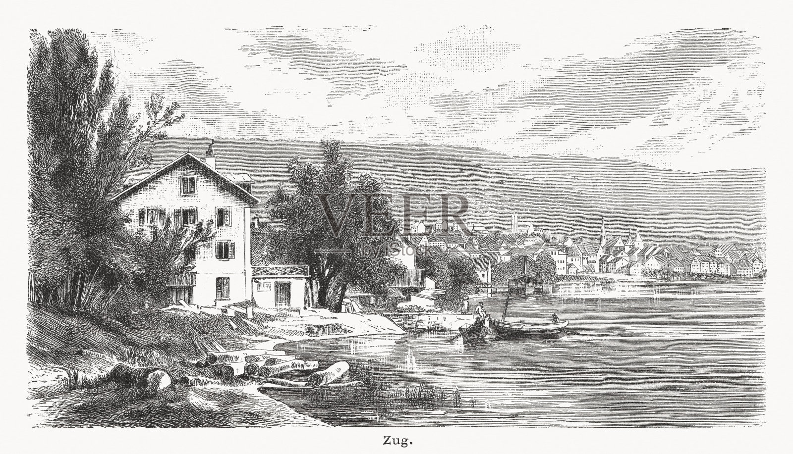 瑞士楚格的历史景观，木刻版画，出版于1876年插画图片素材