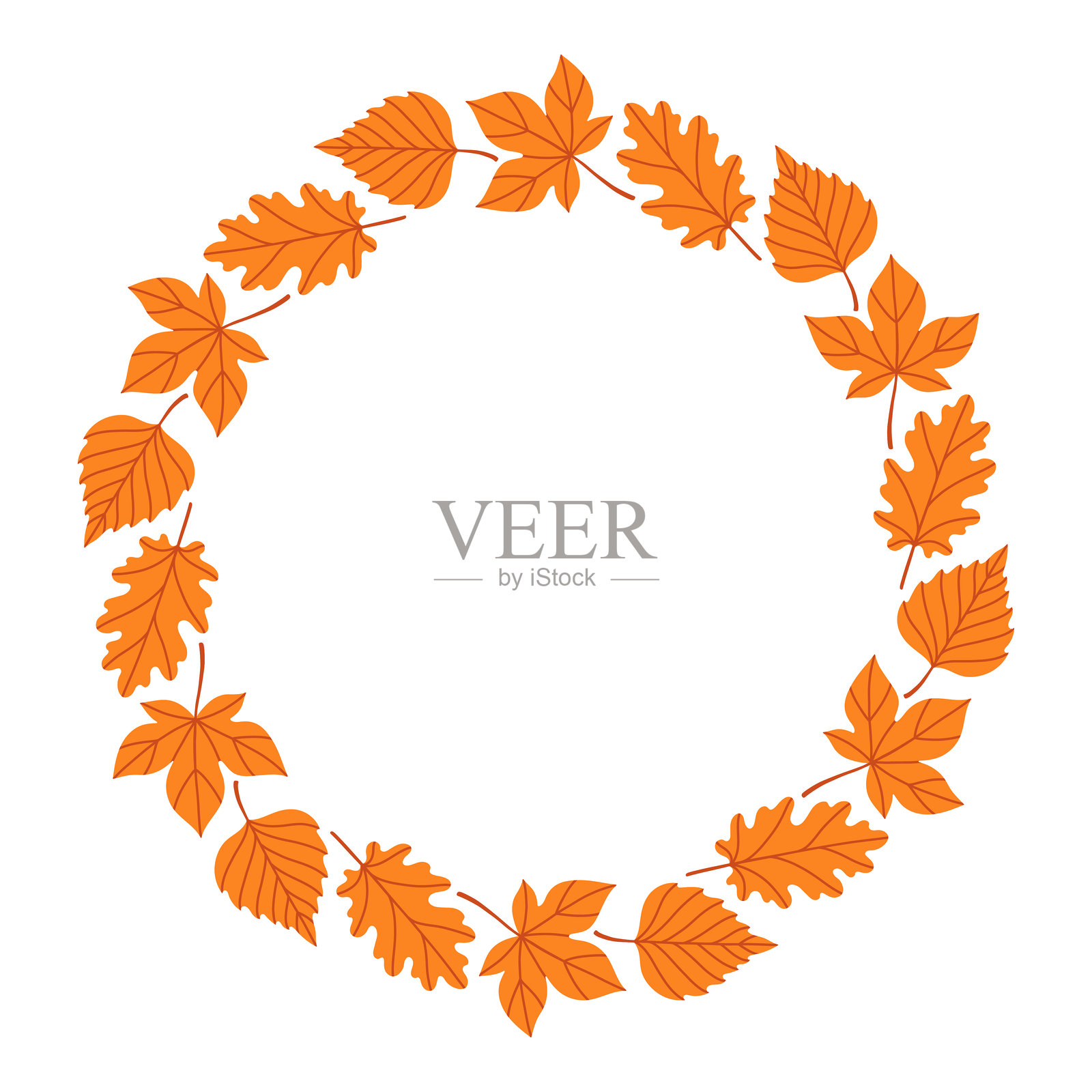秋天的落叶圆形框架。由橙色、黄色和绿色的秋叶组成的圆形边框。叶子形状各异，围成一个圆圈，散发出温暖舒适的秋季氛围。矢量平面插图，背景为白色。插画图片素材