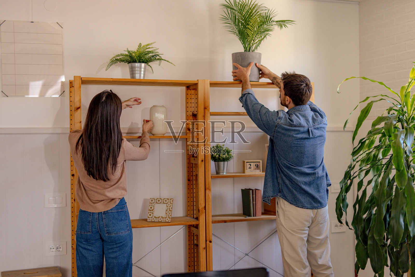 一对情侣在新家中整理木架上的植物和装饰品照片摄影图片