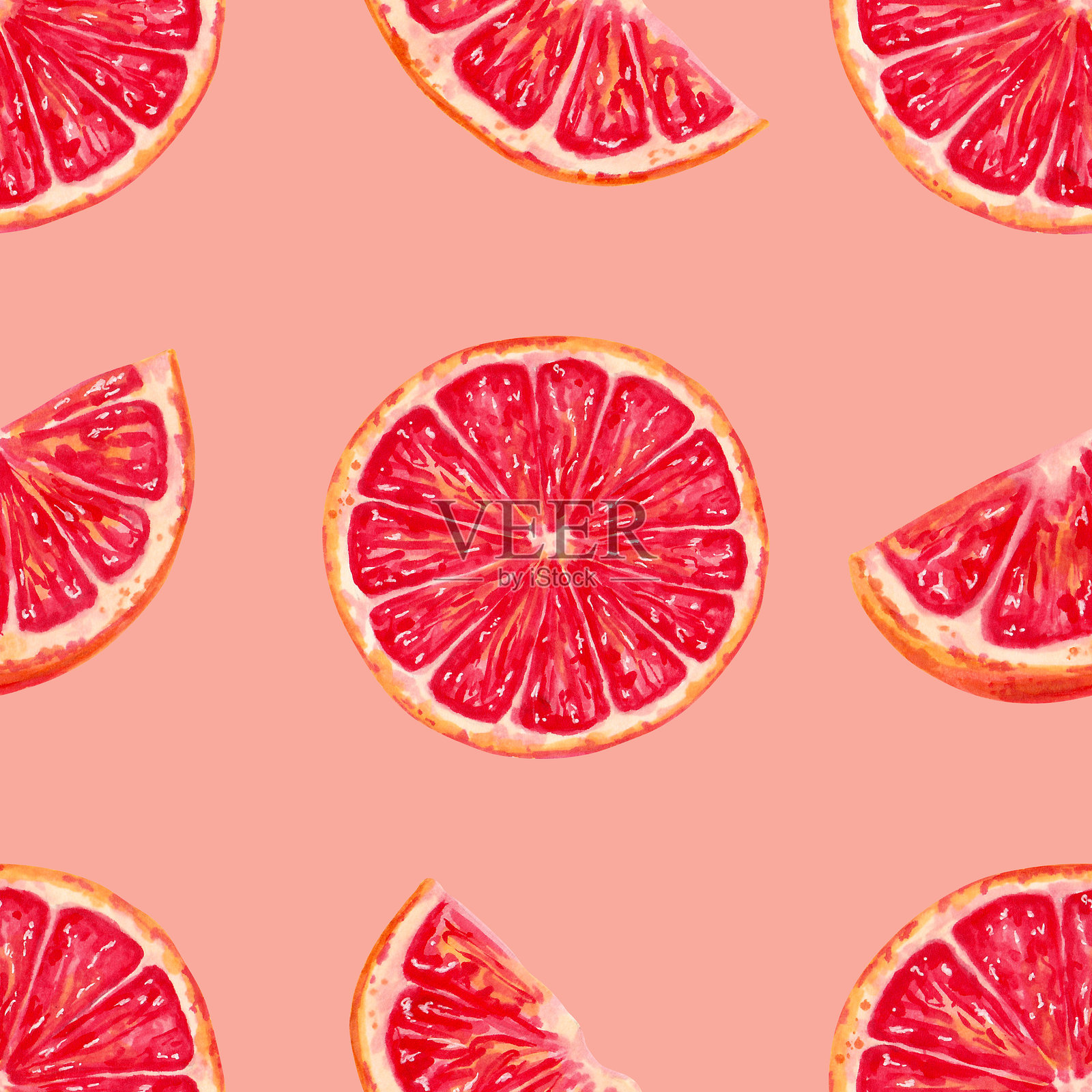 无缝的葡萄柚切片图案。水彩风格的马克笔插图。红色柑橘片。手绘的独立艺术作品。环保水果。适用于面料和厨房纺织品、包装的背景。插画图片素材
