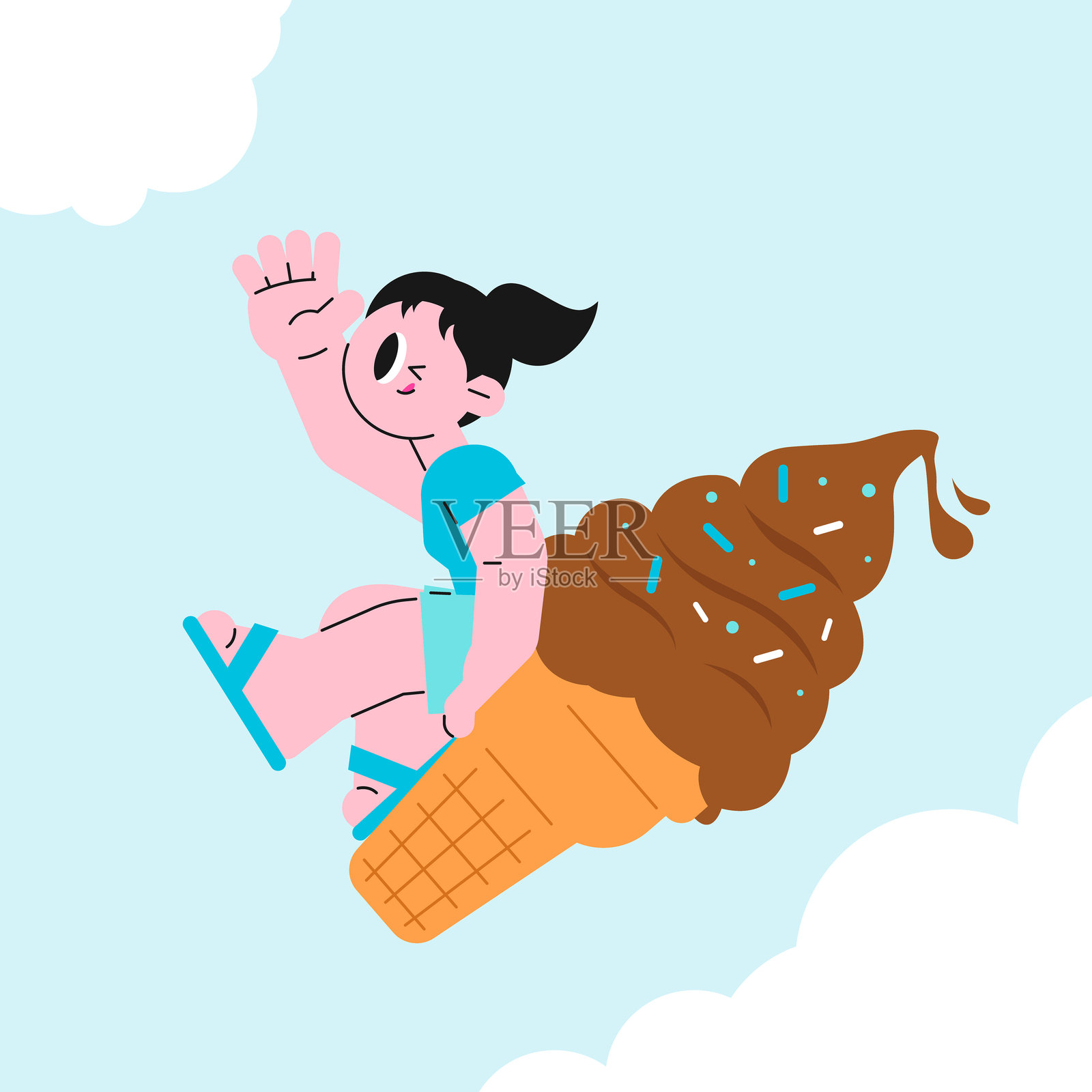 女孩坐在飞翔的巧克力冰淇淋甜筒上插画图片素材