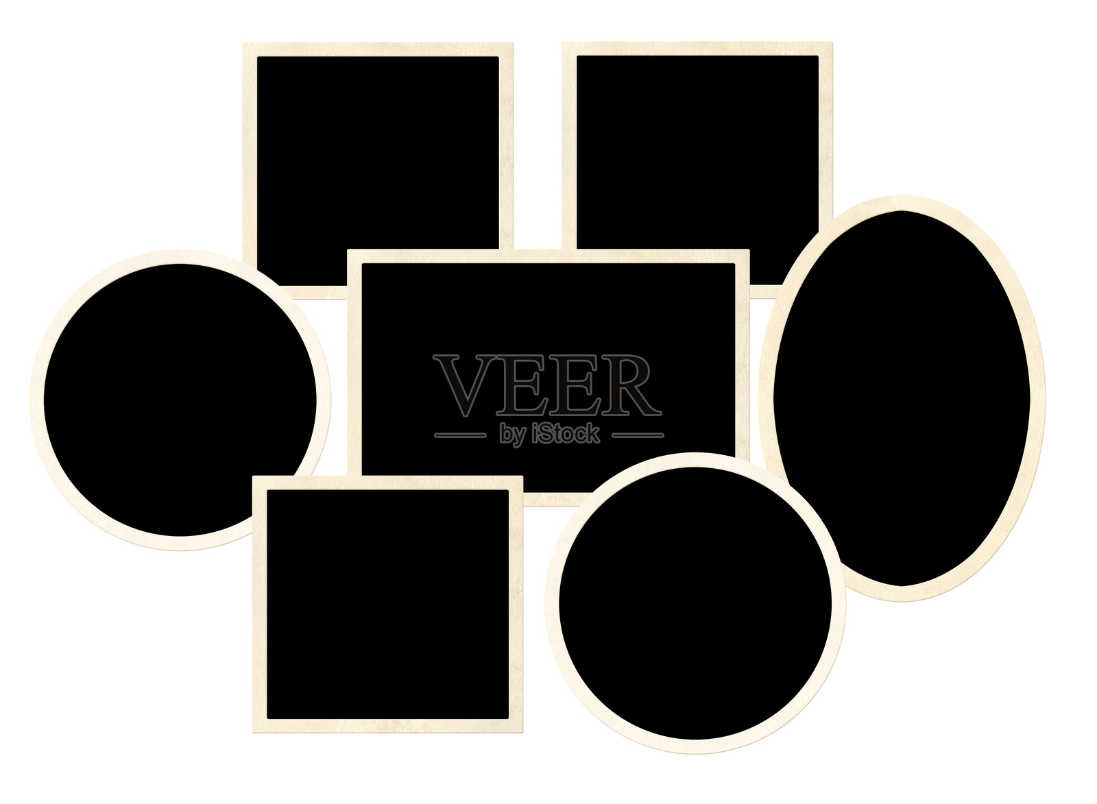 七个复古相框照片的模板拼贴。用于剪贴簿的情绪板图片专辑网格。复古风格的情绪板布局。背景为白色，留有空白供您添加文本和照片。照片摄影图片