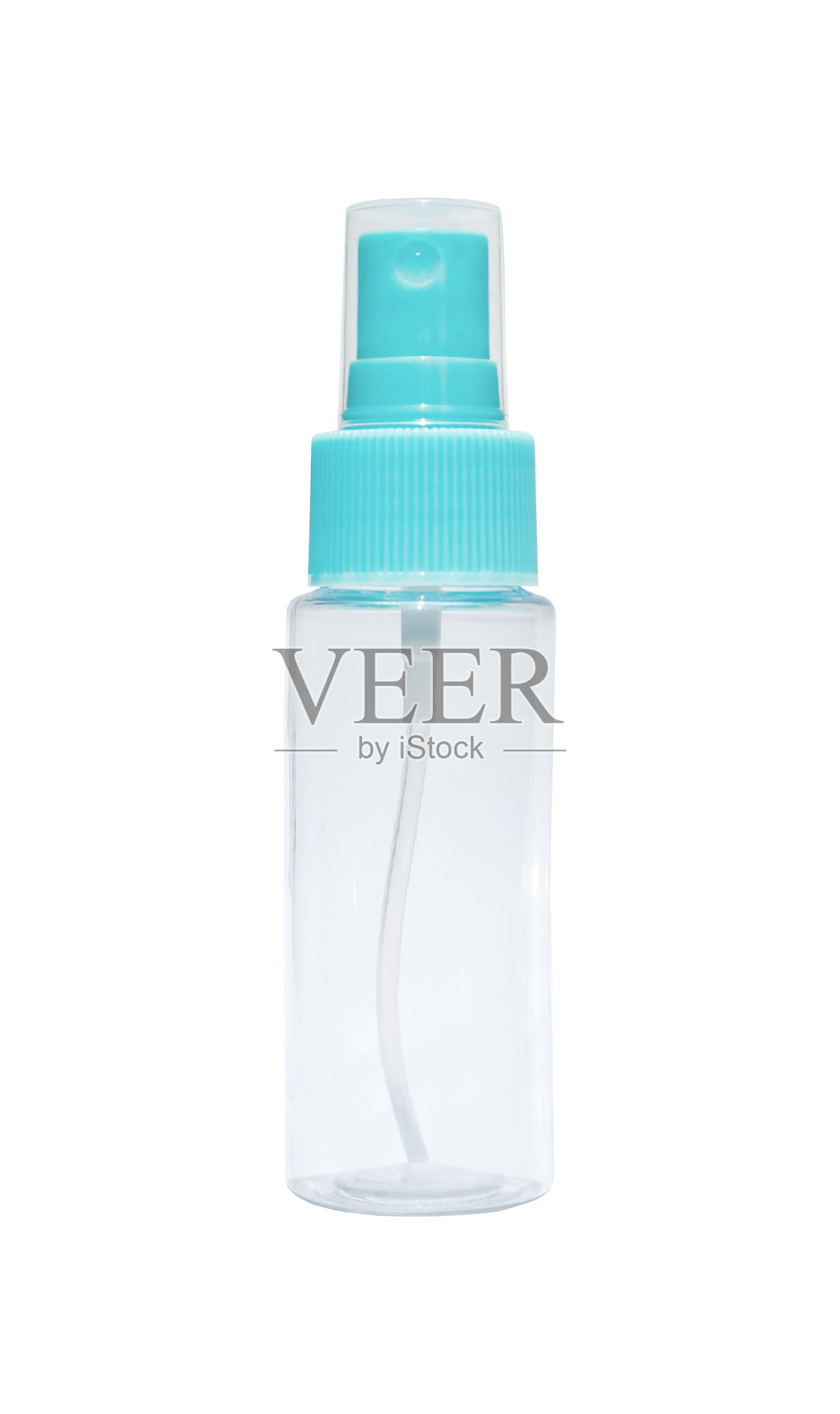 透明塑料瓶或容器，细长狭窄，带盖，孤立在白色背景上照片摄影图片