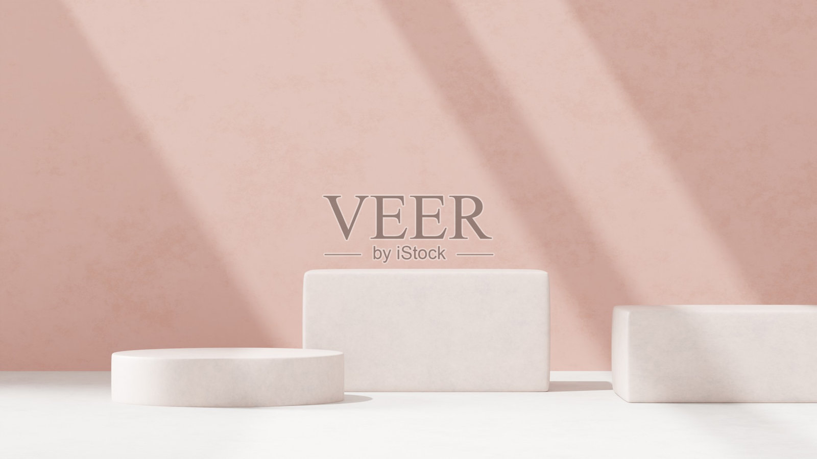 背景展示一个空的产品展示模型，配有粉色背景和抽象几何平台，旨在以横向方向展示商品。照片摄影图片