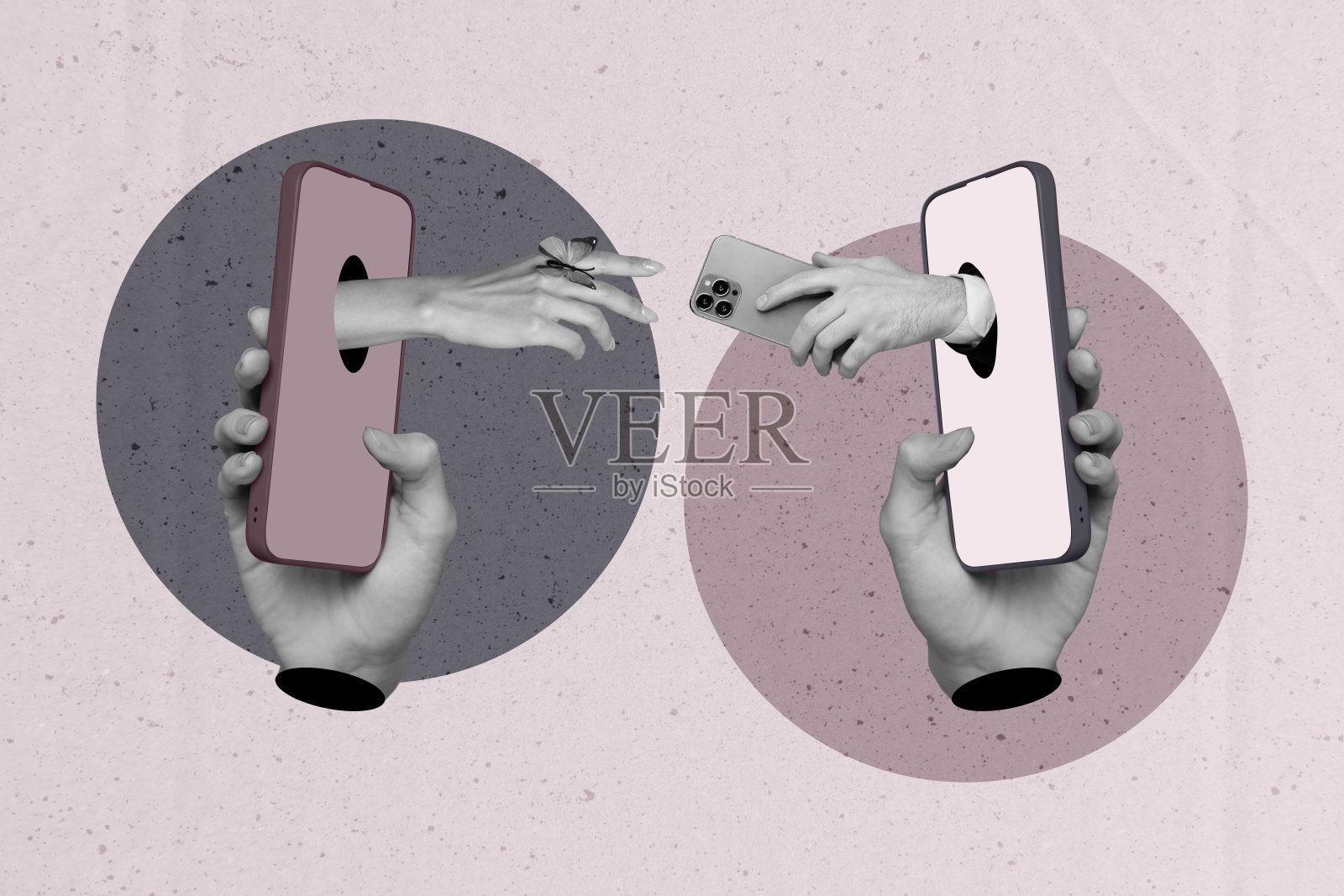 两款设备的拼贴图，背景为柔和的紫色。照片摄影图片