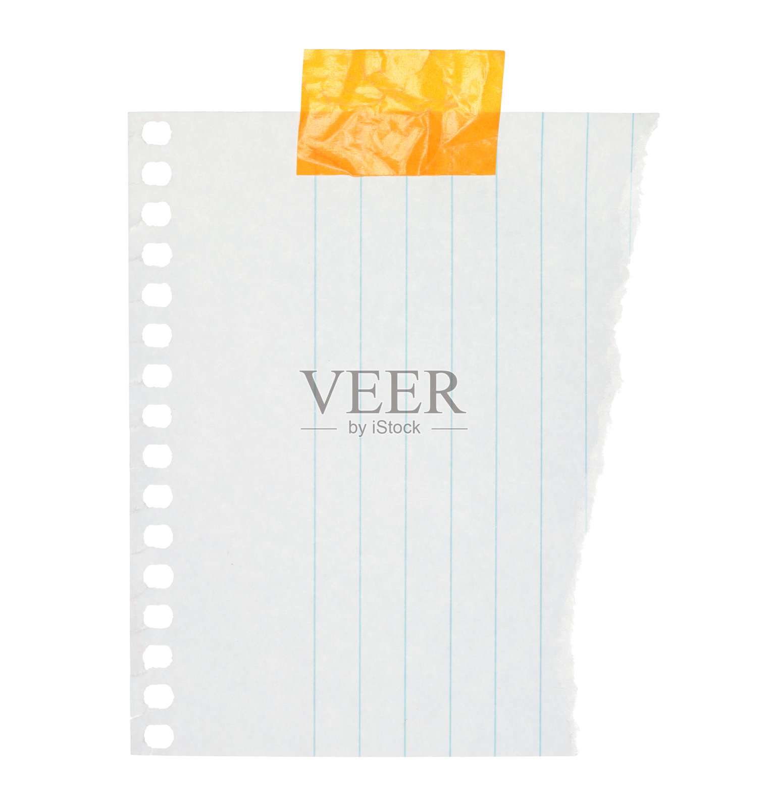 撕裂的记事本纸张用胶带粘贴，孤立在透明背景上。办公空白纸张概念照片摄影图片