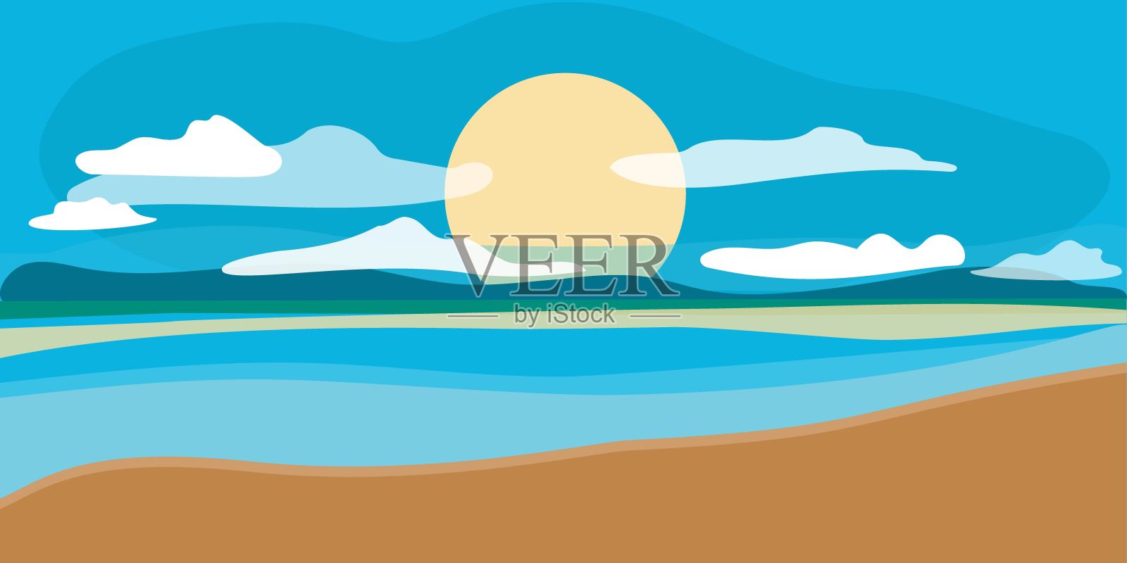 阳光明媚的炎热日子的海景。扁平风格的矢量图，留有空白空间。插画图片素材