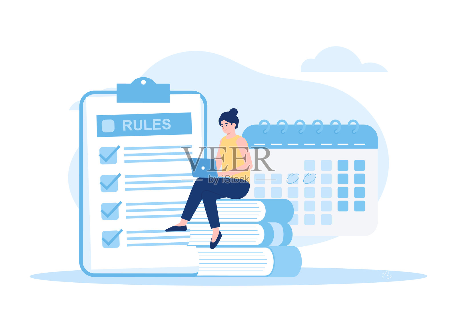 一位女性正在安排休假日的日程，扁平化插图插画图片素材