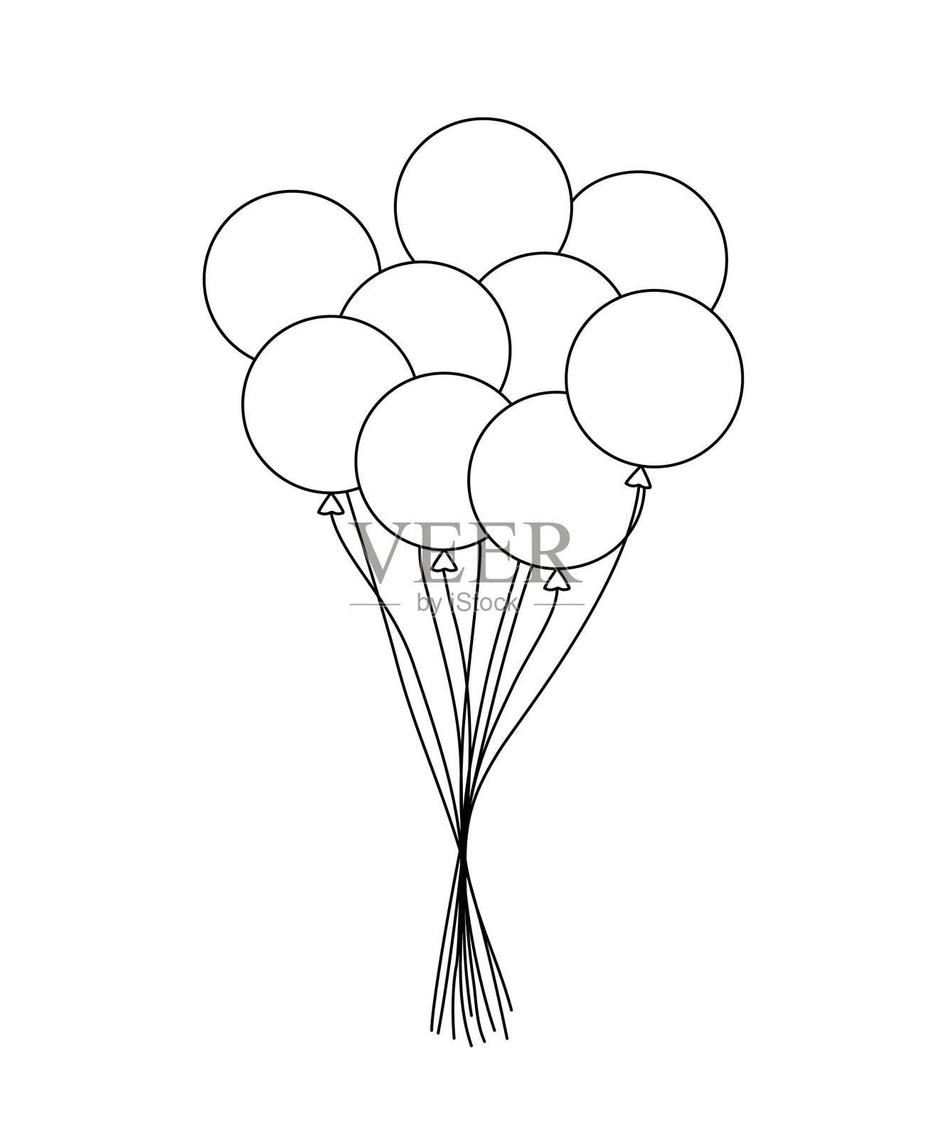 气球束，儿童玩具或节日装饰元素，手绘线条艺术插图，生日派对，周年纪念，惊喜礼物，假日活动不同形状的物品集合插画图片素材
