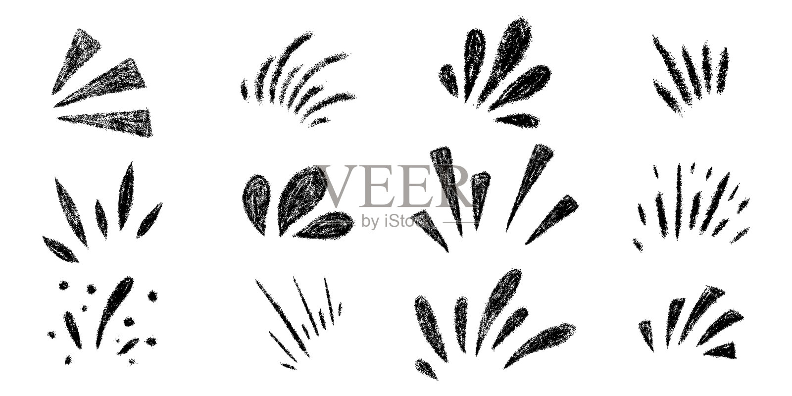 爆炸光线彩纸片套装。粉笔质感的儿童自由手绘星爆炸裂。蜡笔手绘涂鸦闪光效果。铅笔装饰性强调感叹号集合。插图矢量图形，独立展示。插画图片素材