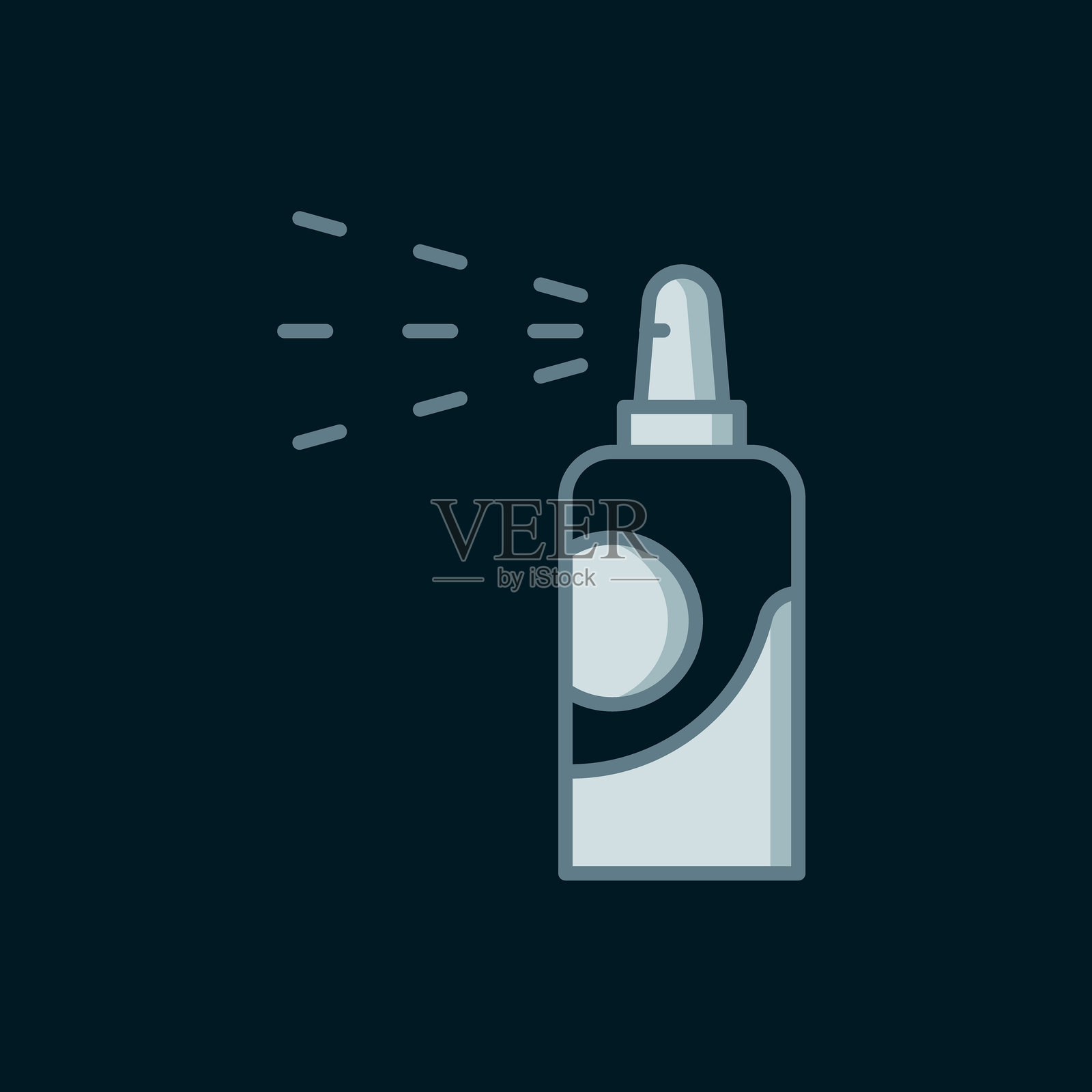 喷雾罐图标，适用于发胶、除臭剂和止汗剂，背景为黑色。扁平填充轮廓风格，带阴影。矢量图。插画图片素材