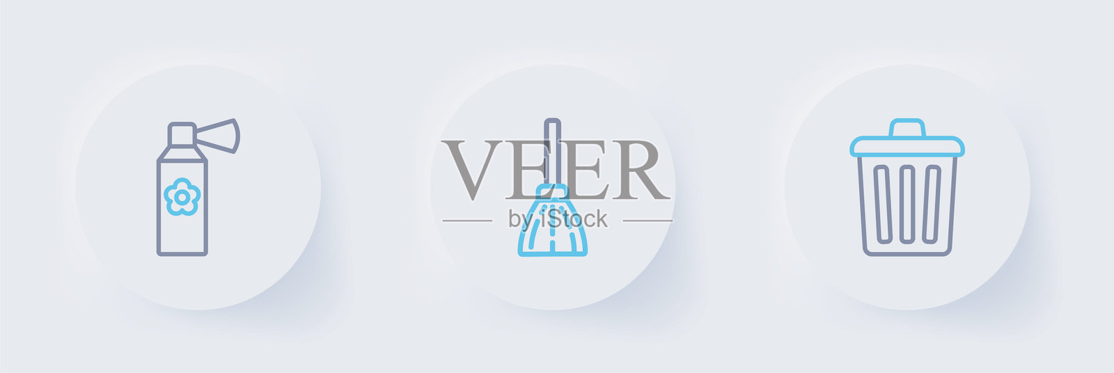 垃圾桶图标、手柄扫帚和空气清新剂喷雾瓶图标。矢量图。插画图片素材