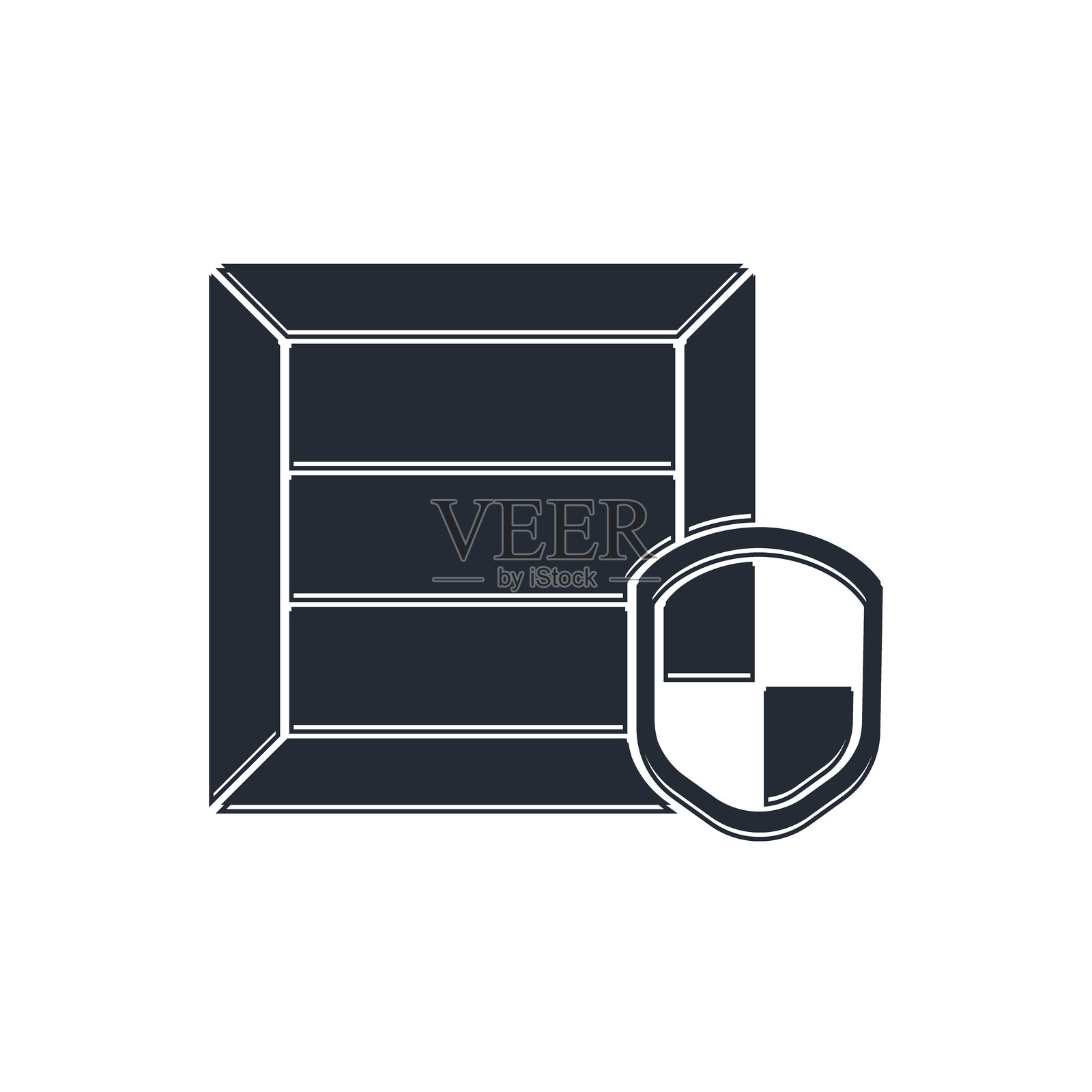 黑色快递包裹安全与白色背景上的盾牌图标。快递保险。保险的纸箱在盾牌之外。矢量图。插画图片素材