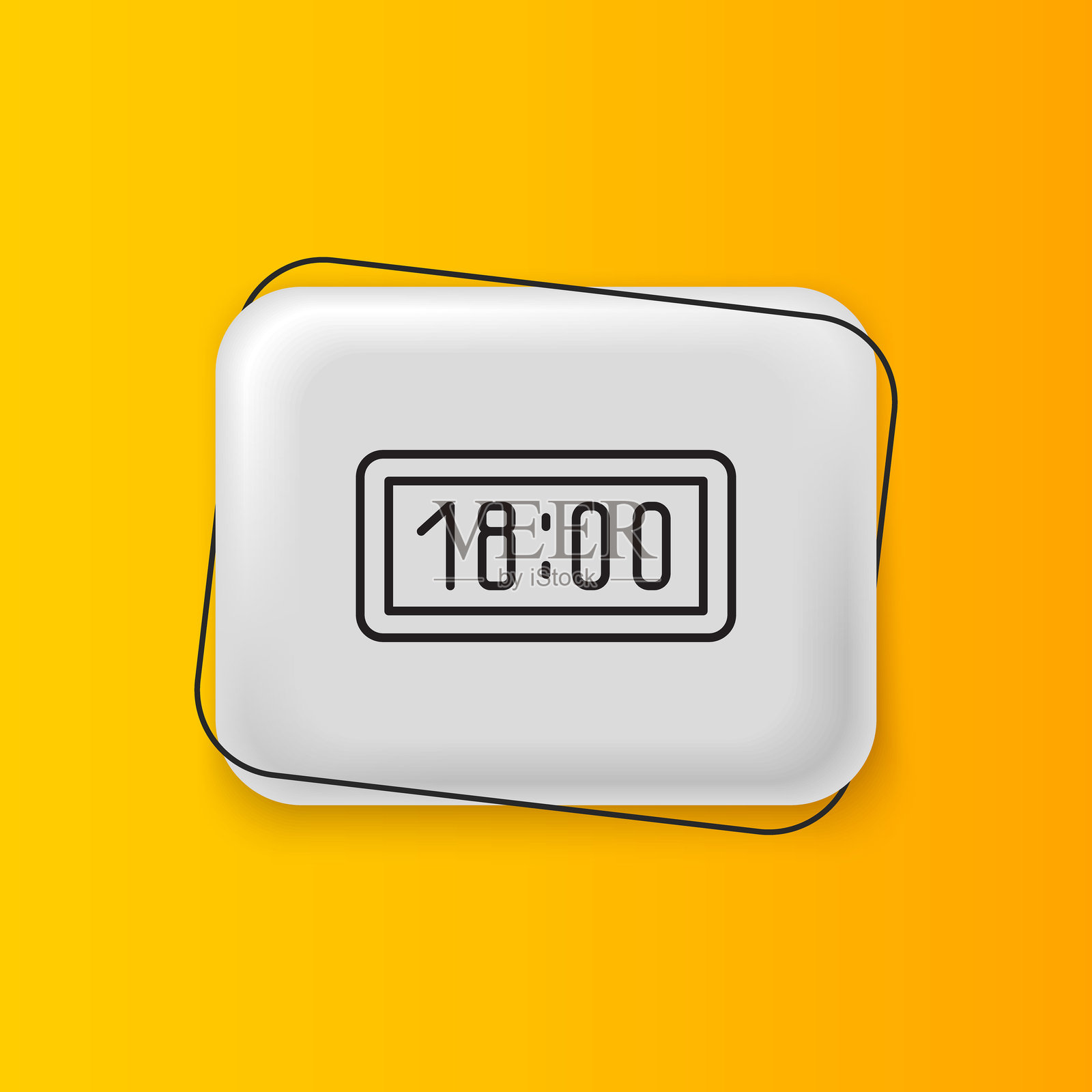 黑色数字闹钟图标，背景为黄色。电子闹钟。时间图标。银色矩形按钮。矢量图。插画图片素材